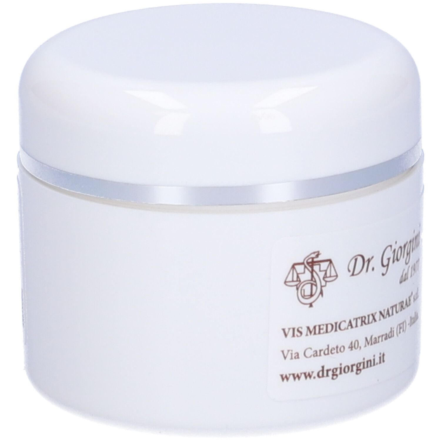 Pot blanc avec bord argenté. Inscription 'Dr. Giorgini' et adresse.