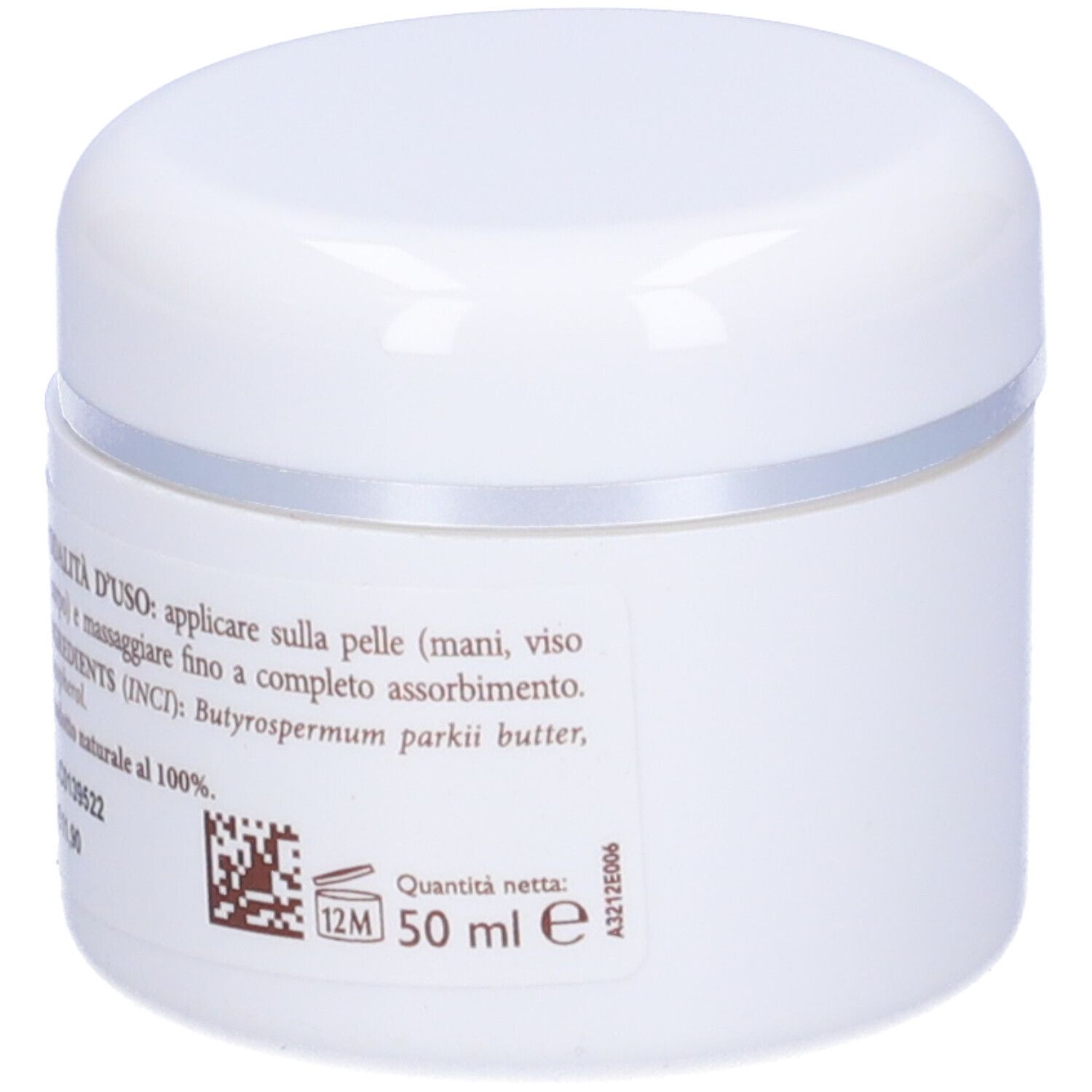 Pot blanc avec bord argenté. Inscription '50 ml' et informations d'utilisation.