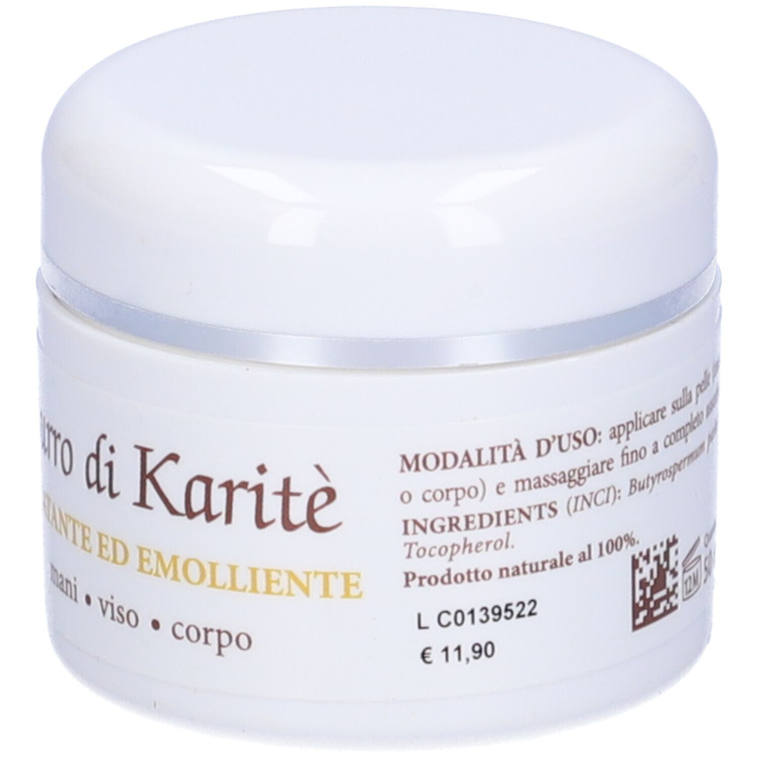 Pot blanc avec bord argenté. Inscription 'Burro di Karité' et prix de 11,90 €.