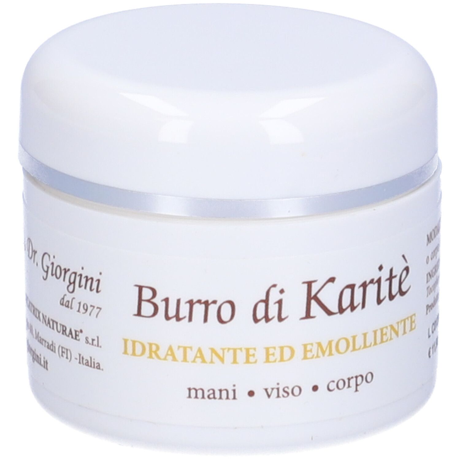 Pot blanc avec bord argenté. Inscription 'Burro di Karité' et 'Dr. Giorgini'.