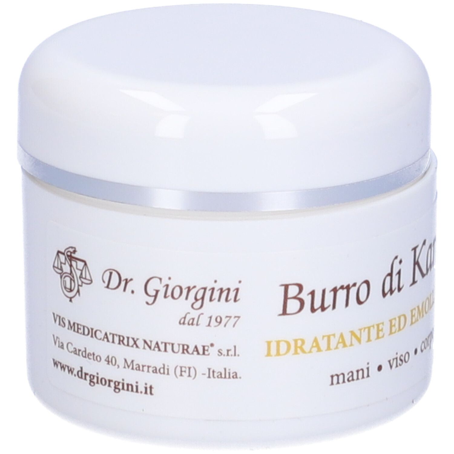 Pot blanc avec bord argenté. Inscription 'Burro di Karité' et 'Dr. Giorgini'.