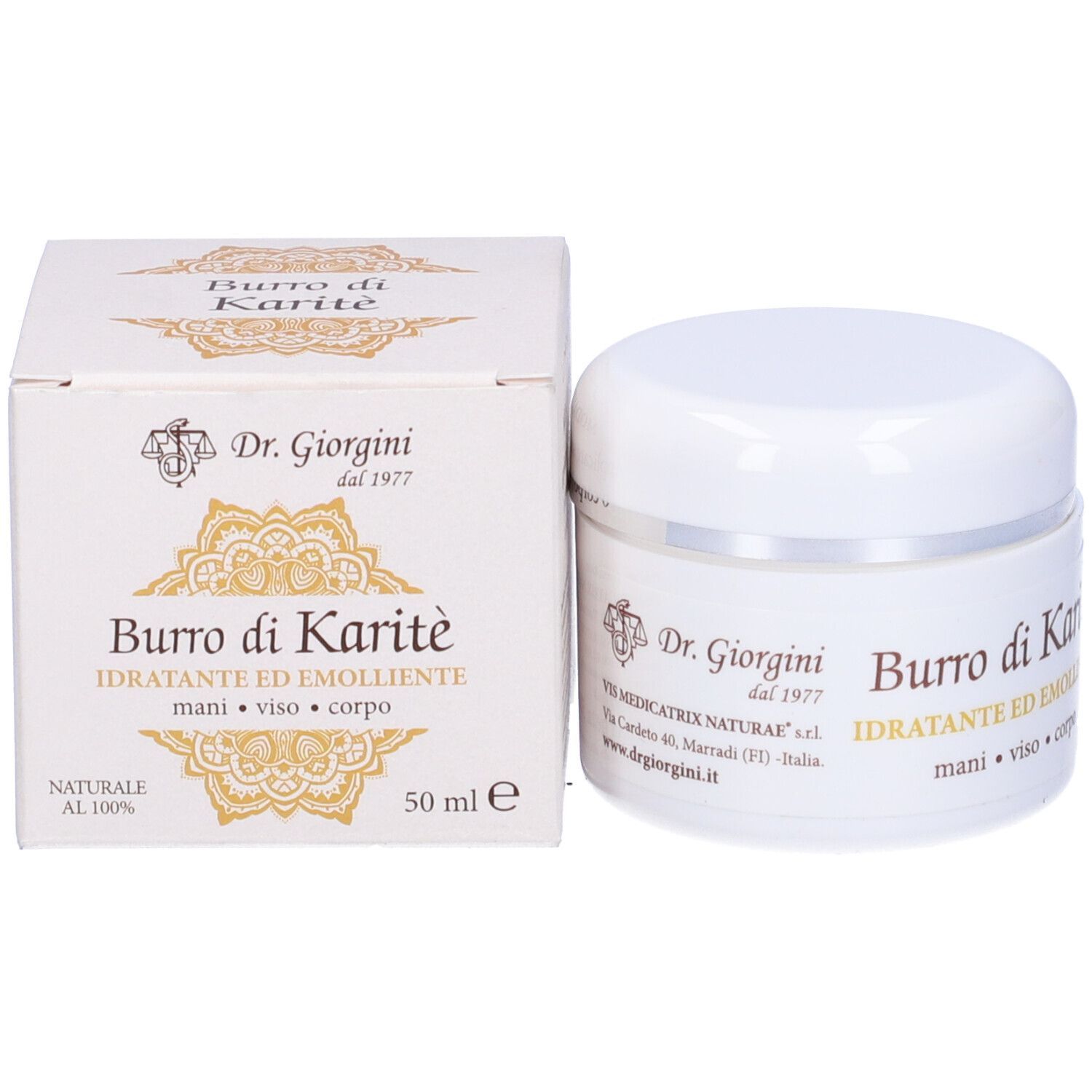 Pot et boîte blancs avec 'Burro di Karité' et 'Dr. Giorgini'.