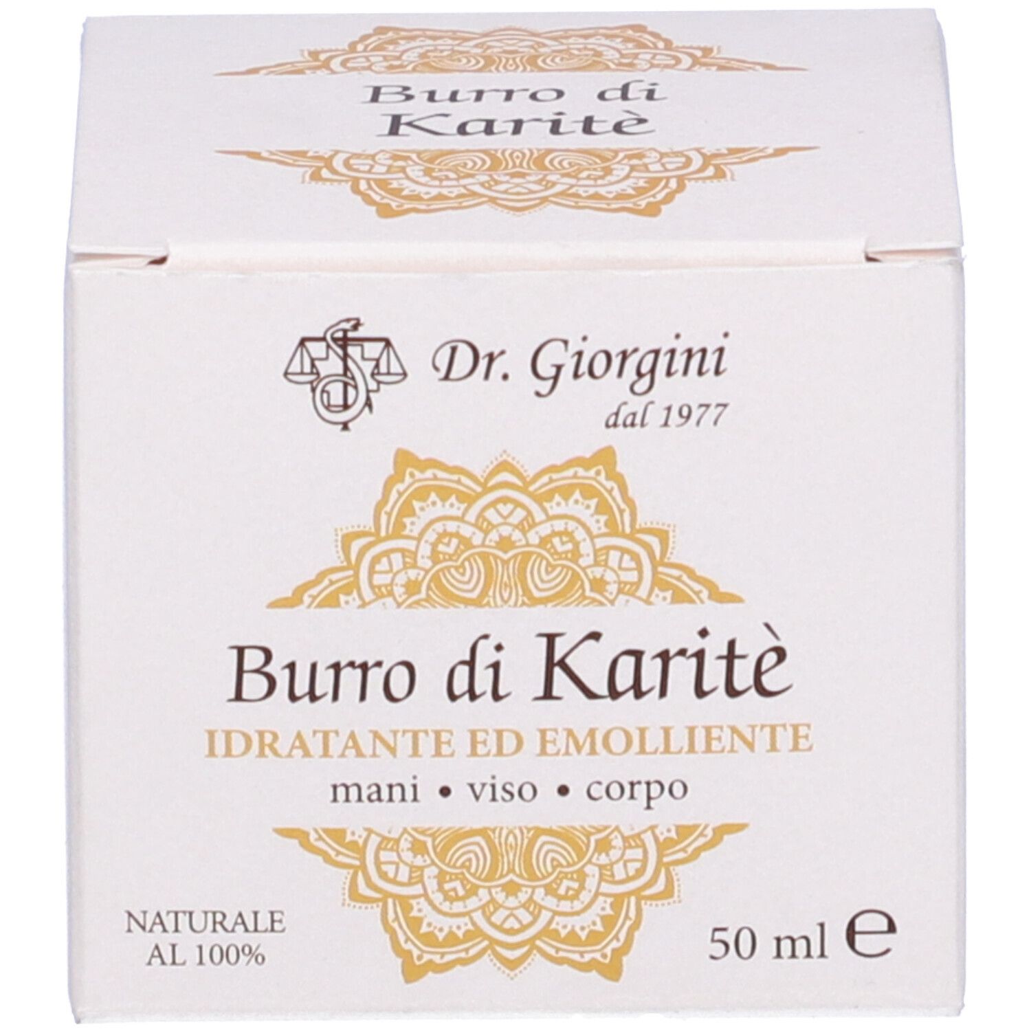 Boîte blanche avec 'Burro di Karité', 'Dr. Giorgini' et '50 ml'.