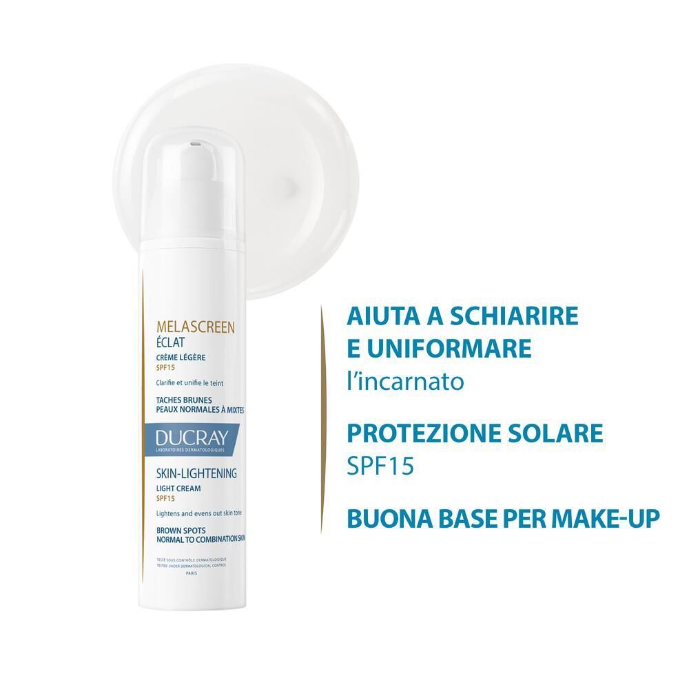 Produit et goutte de crème. Inscription: Melascreen Èclat, crème légère SPF15. Pour peaux normales à mixtes. Ducray.