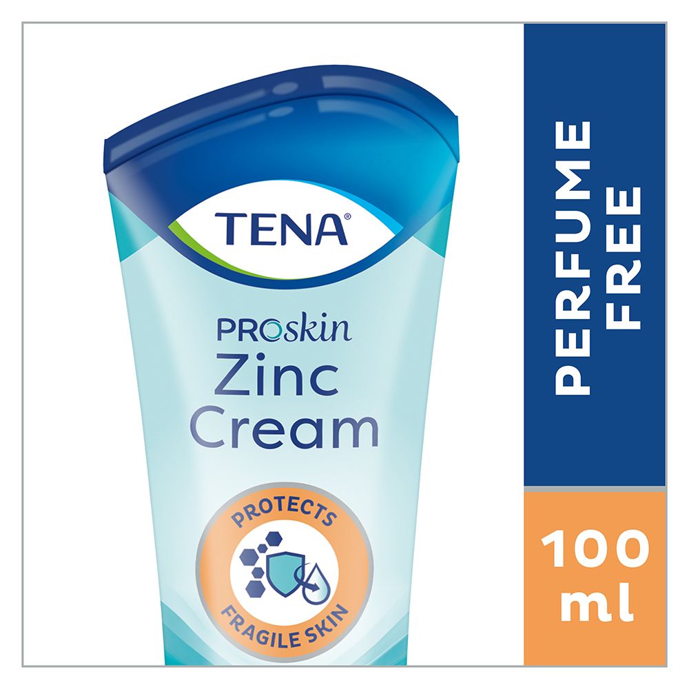 Tube de crème Tena ProSkin Zinc. Contient 10% d'oxyde de zinc. Sans parfum. 100ml.