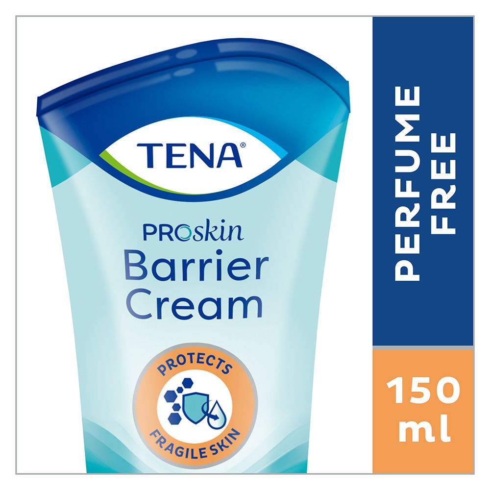 Gros plan sur le tube de crème barrière TENA® ProSkin. Montre le haut du tube avec le logo et le nom du produit. Contient 150 ml.