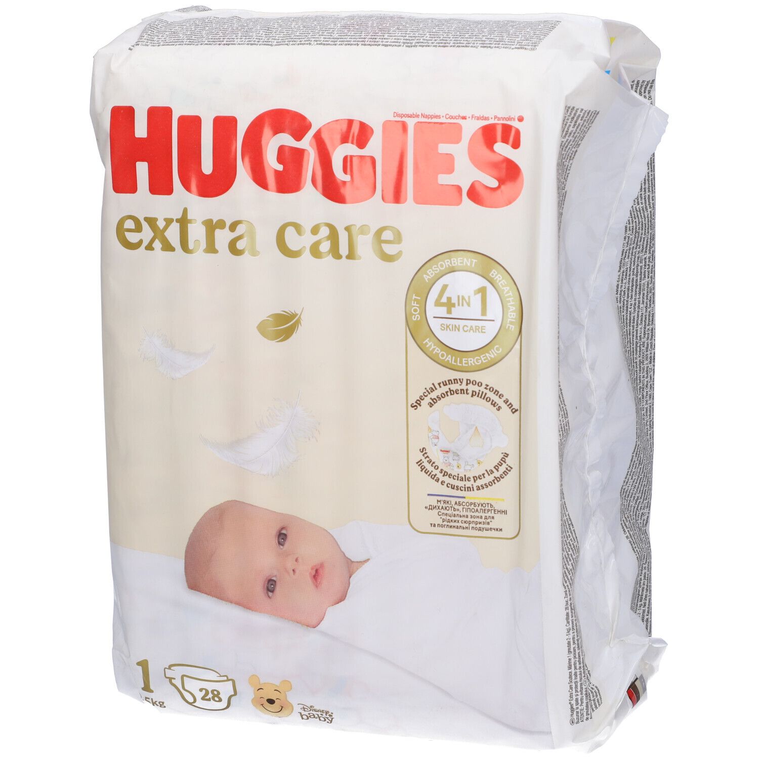 Paquet de couches Huggies Extra Care 2-5 kg, 28 pièces. Emballage avec image de bébé et informations produit.