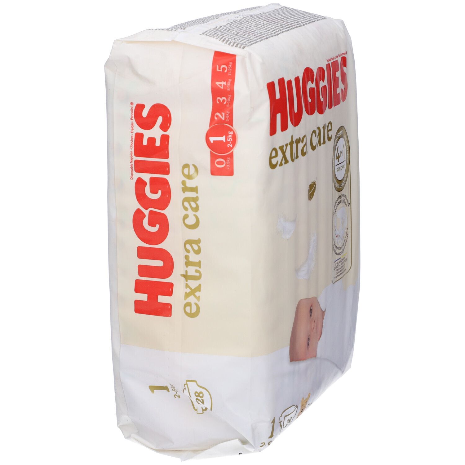 Paquet de couches Huggies Extra Care. Vue latérale avec indication de taille et nom du produit. 28 pièces, 2-5 kg.