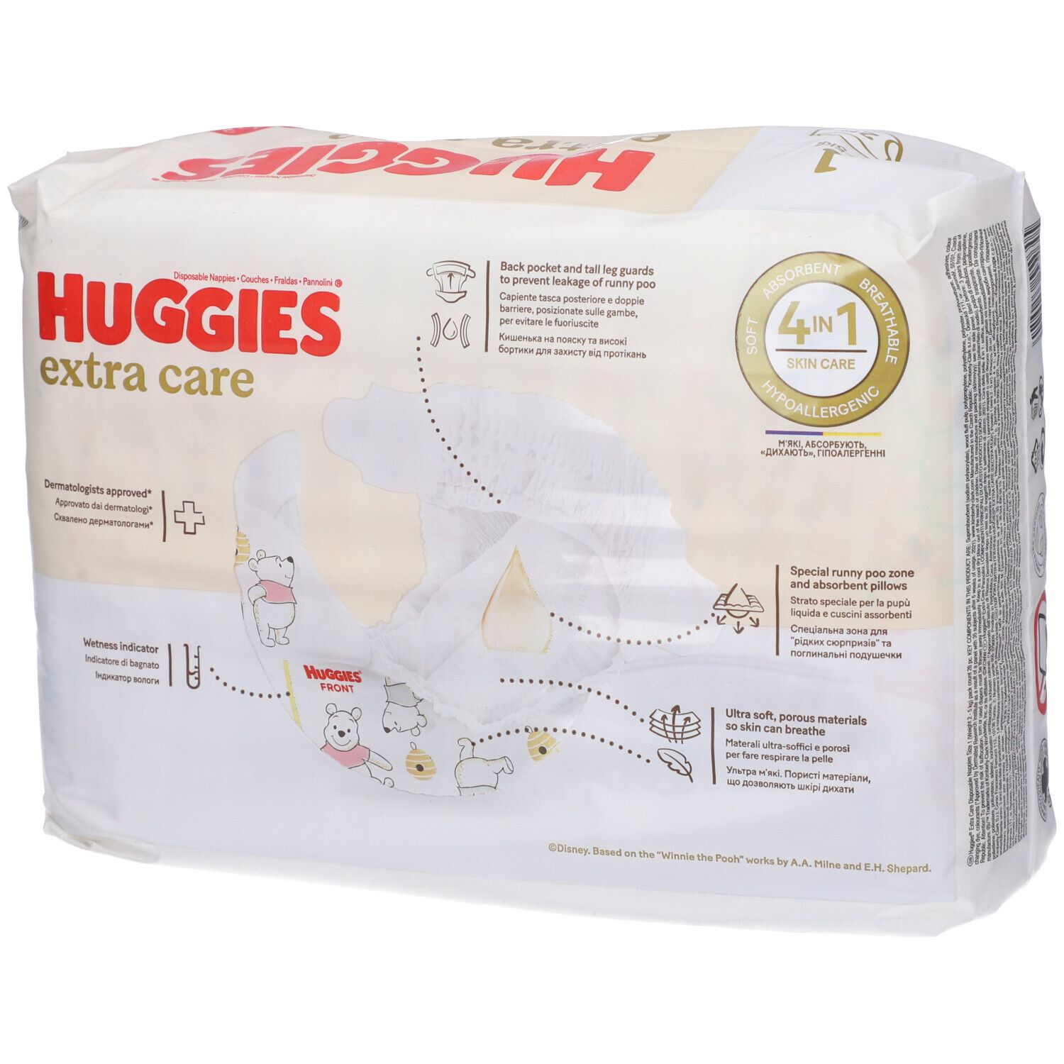 Paquet de couches Huggies Extra Care. Caractéristiques du produit et illustrations sur l'emballage. Testé dermatologiquement.