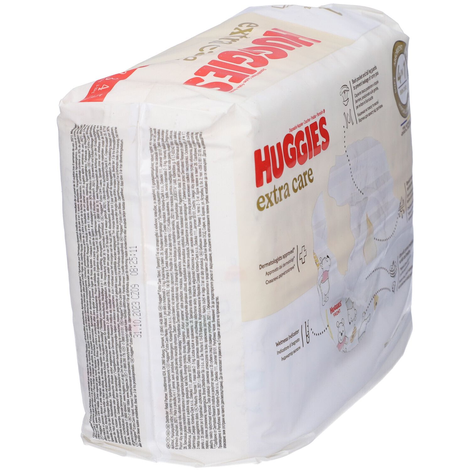 Paquet de couches Huggies Extra Care. Vue latérale avec informations et texte sur le produit. Testé dermatologiquement.
