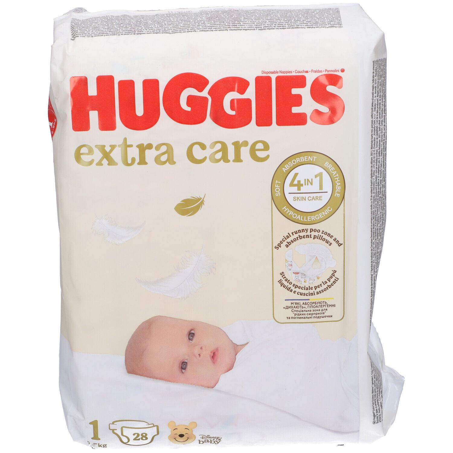 Paquet de couches Huggies Extra Care 2-5 kg, 28 pièces. Emballage avec image de bébé et informations produit.