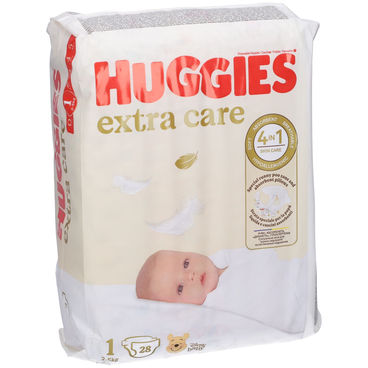 Paquet de couches Huggies Extra Care 2-5 kg, 28 pièces. Emballage avec image de bébé et informations produit.