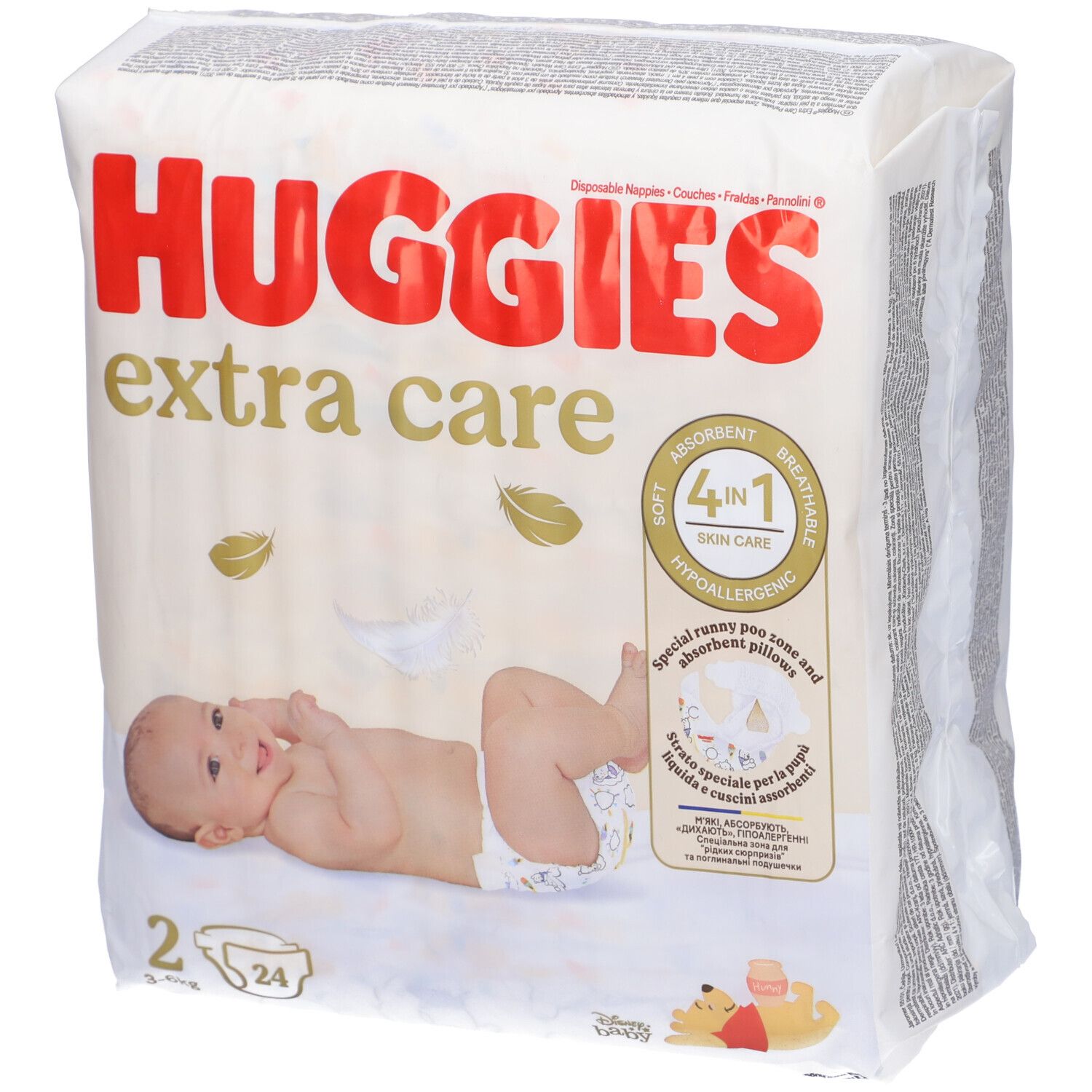 Huggies Extra Care Windeln, Größe 2, Packung. Aufdruck: 4-in-1, hypoallergen. Baby auf Windel abgebildet.