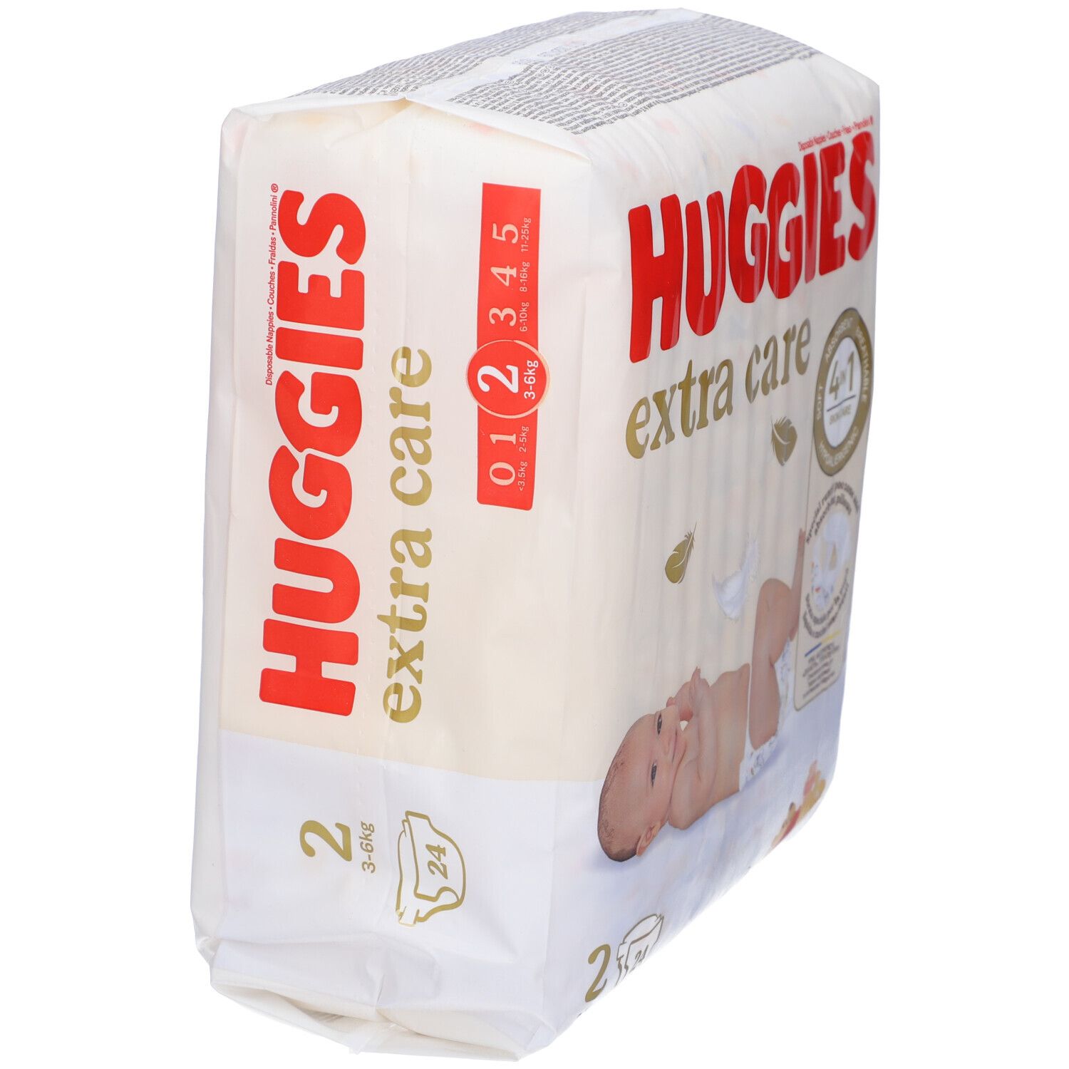 Huggies Extra Care Windeln, Größe 2, Packung. Aufdruck: Größen 0-5. Windelpackung schräg von oben.