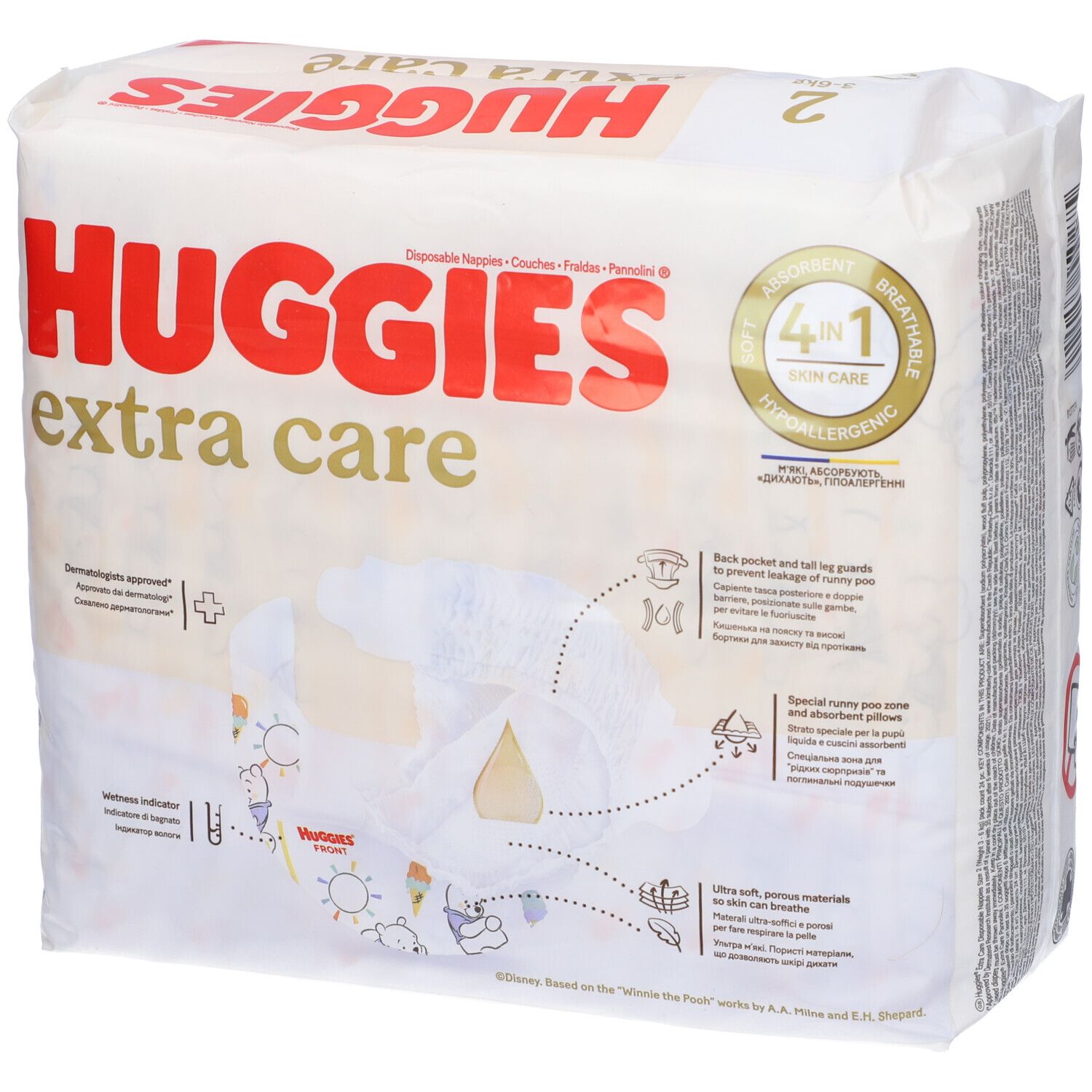 Huggies Extra Care Windeln, Größe 2, Packung. Aufdruck: 4-in-1, hypoallergen. Windeldetails abgebildet.