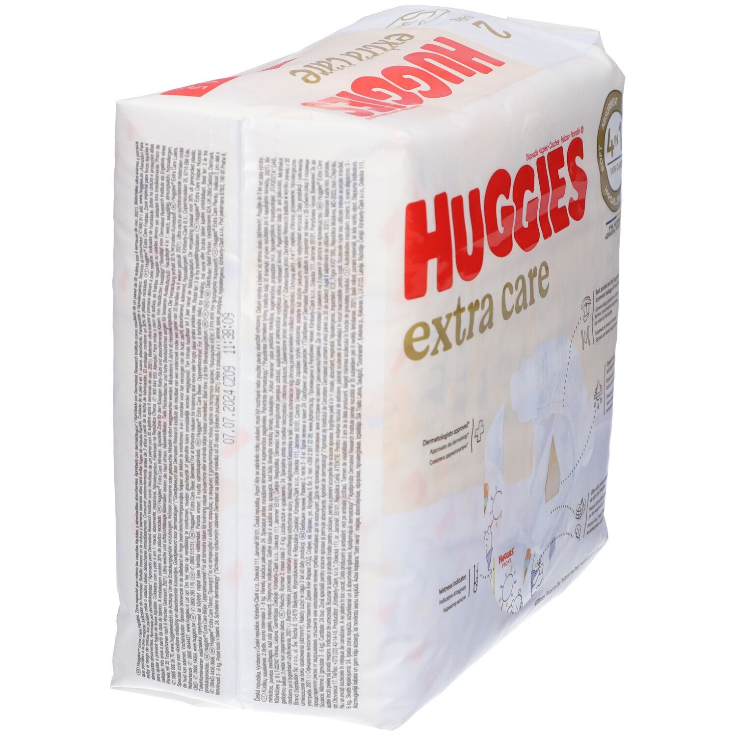 Huggies Extra Care Windeln, Größe 2, Packung. Seitenansicht der Windelpackung mit Text.