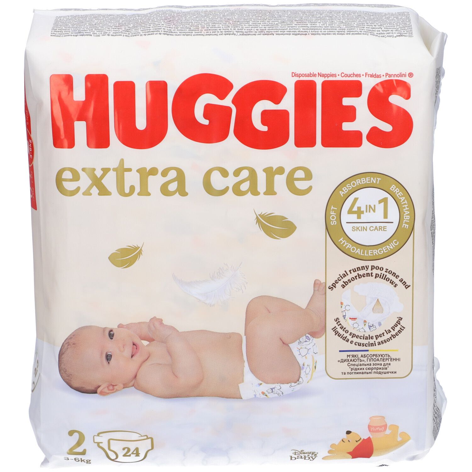 Huggies Extra Care Windeln, Größe 2, Packung. Aufdruck: 4-in-1, hypoallergen. Baby auf Windel abgebildet.