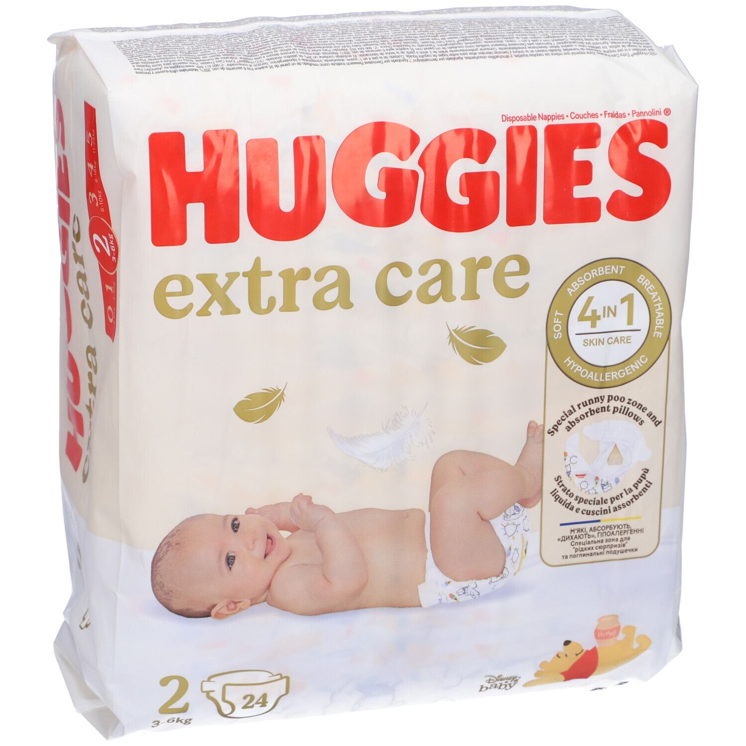 Huggies Extra Care Windeln, Größe 2, Packung. Aufdruck: 4-in-1, hypoallergen. Baby auf Windel abgebildet.