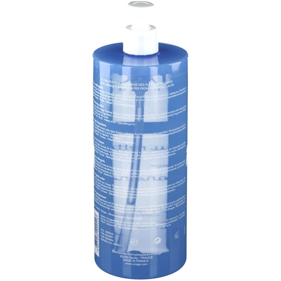 Blaue Flasche mit weißem Pumpkopf. Rückseite mit Text. Aufschrift: URIAGE. Hergestellt in Frankreich.