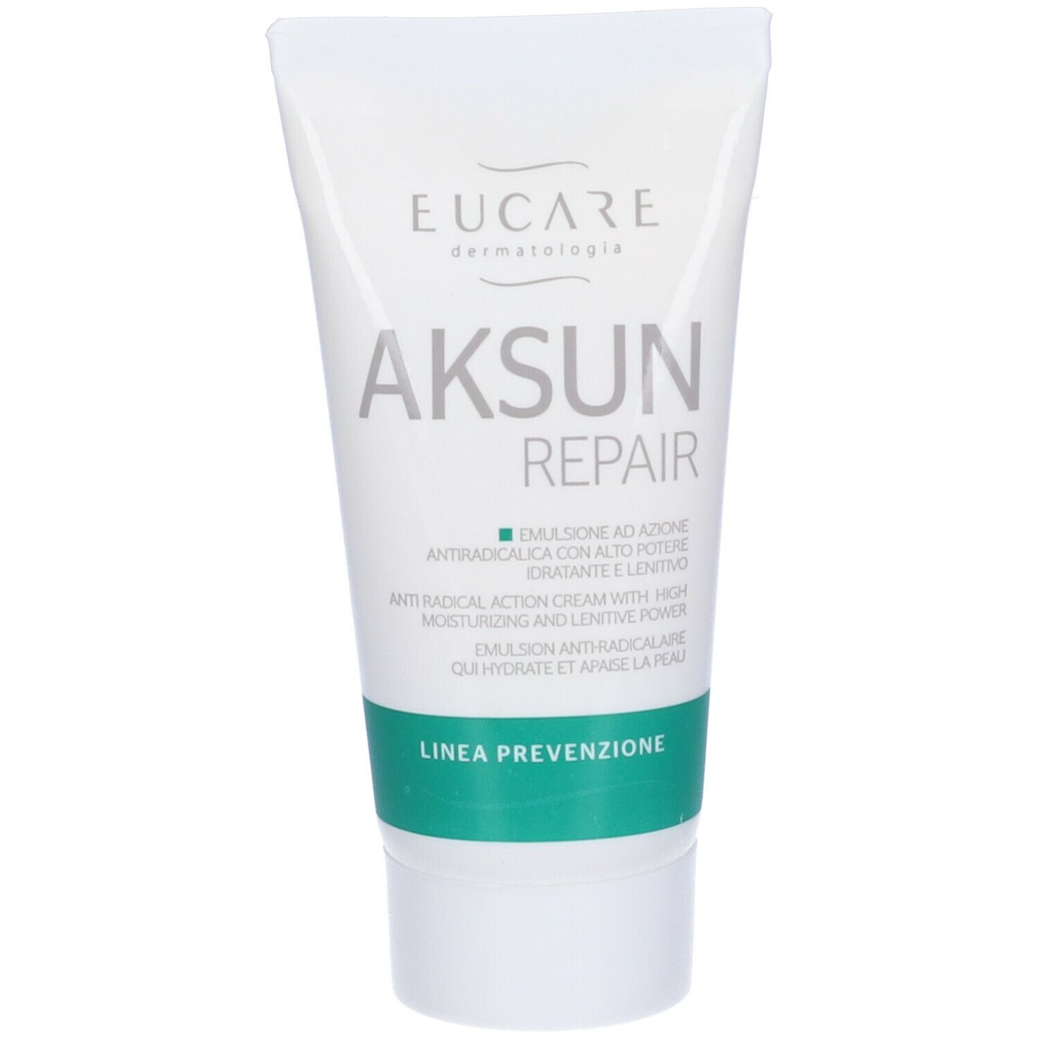 Weiße Tube. Aufschrift: EUCARE, AKSUN REPAIR. Text: Emulsion ad azione antiradicalica.