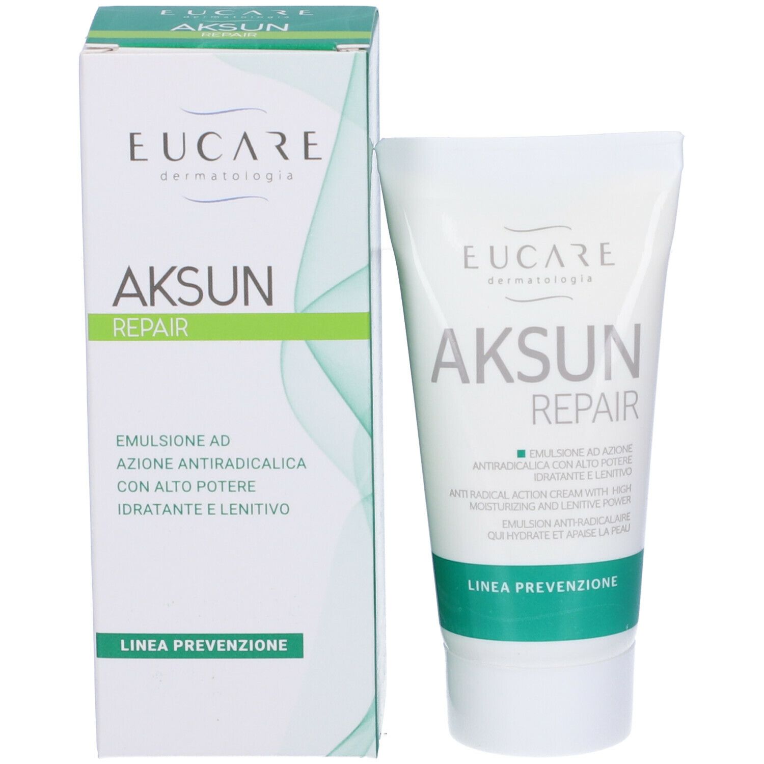Creme und Verpackung. Aufschrift: EUCARE, AKSUN REPAIR. Text: Emulsion ad azione antiradicalica.