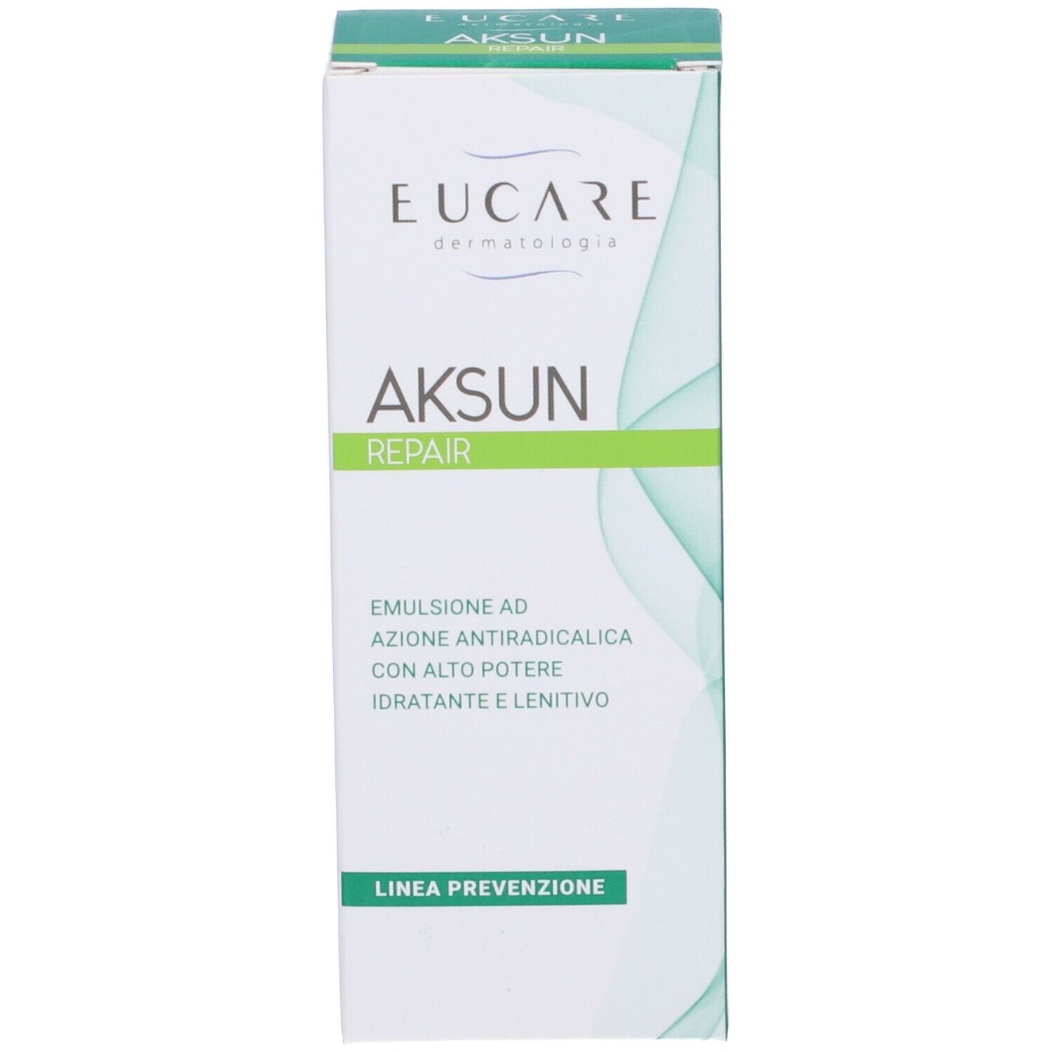 Verpackung. Aufschrift: EUCARE, AKSUN REPAIR. Text: Emulsion ad azione antiradicalica.