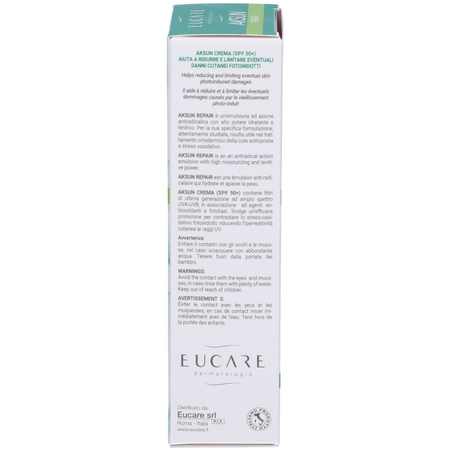 Verpackung. Aufschrift: EUCARE, AKSUN CREMA (SPF 50+). Text und Warnhinweise.