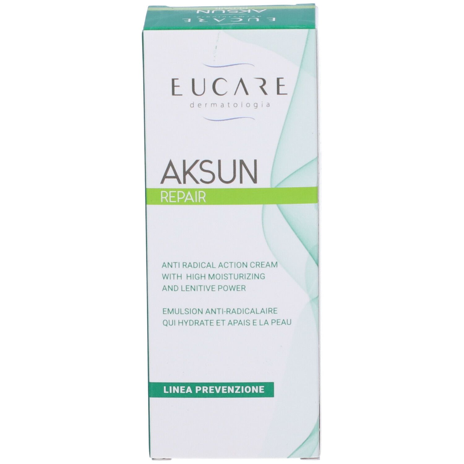 Verpackung. Aufschrift: EUCARE, AKSUN REPAIR. Text: Anti Radical Action Cream.