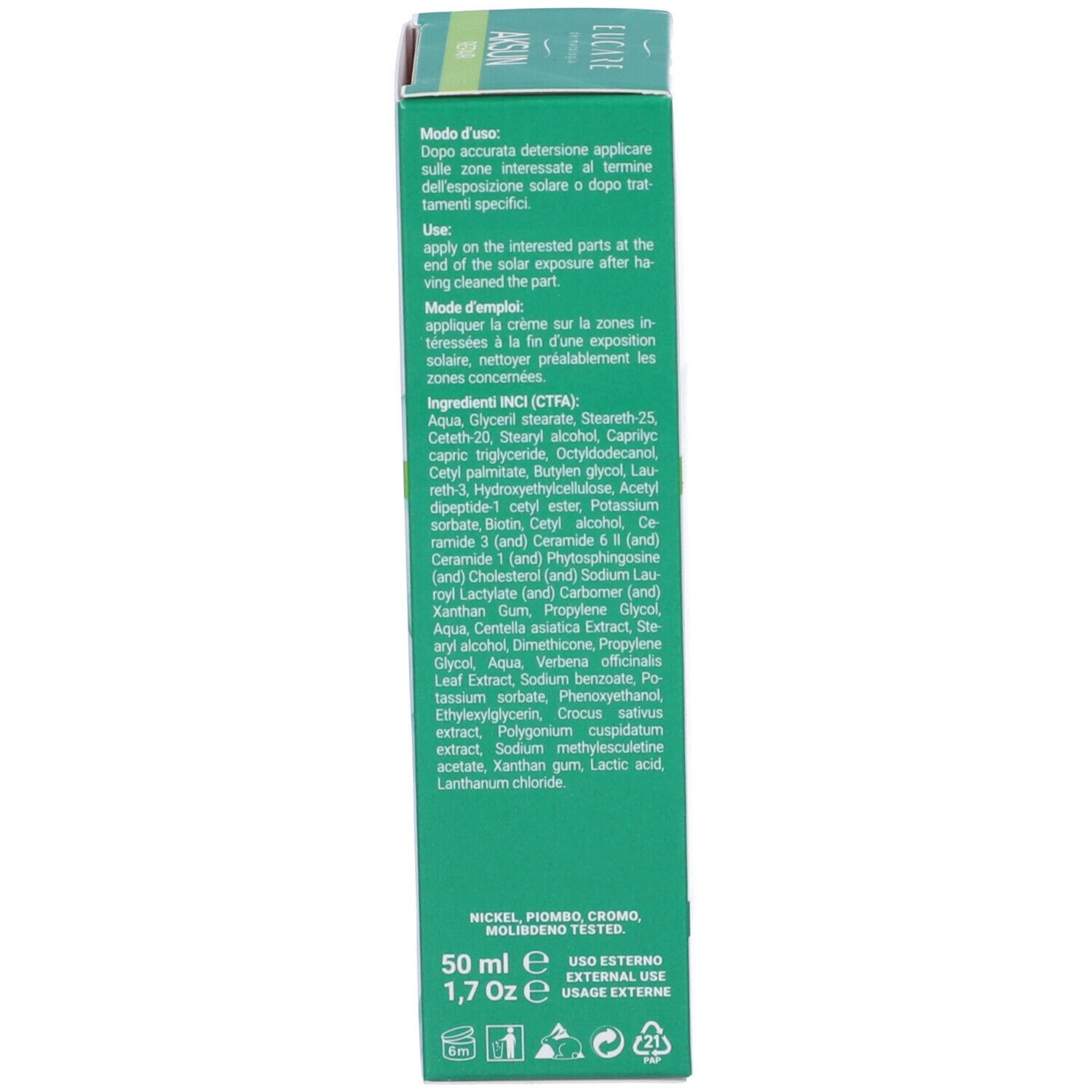 Verpackung. Aufschrift: EUCARE, AKSUN REPAIR. Text: 50 ml, 1,7 oz. Inhaltsstoffe.