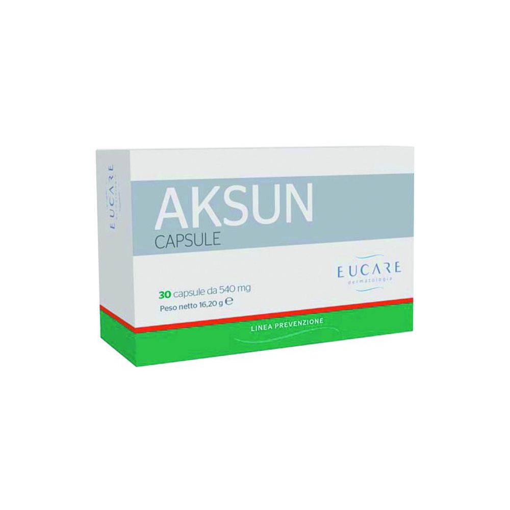 Schachtel mit "AKSUN CAPSULE". 30 Kapseln, 540 mg. Marke EUCARE. Grün, weiß und hellblau.