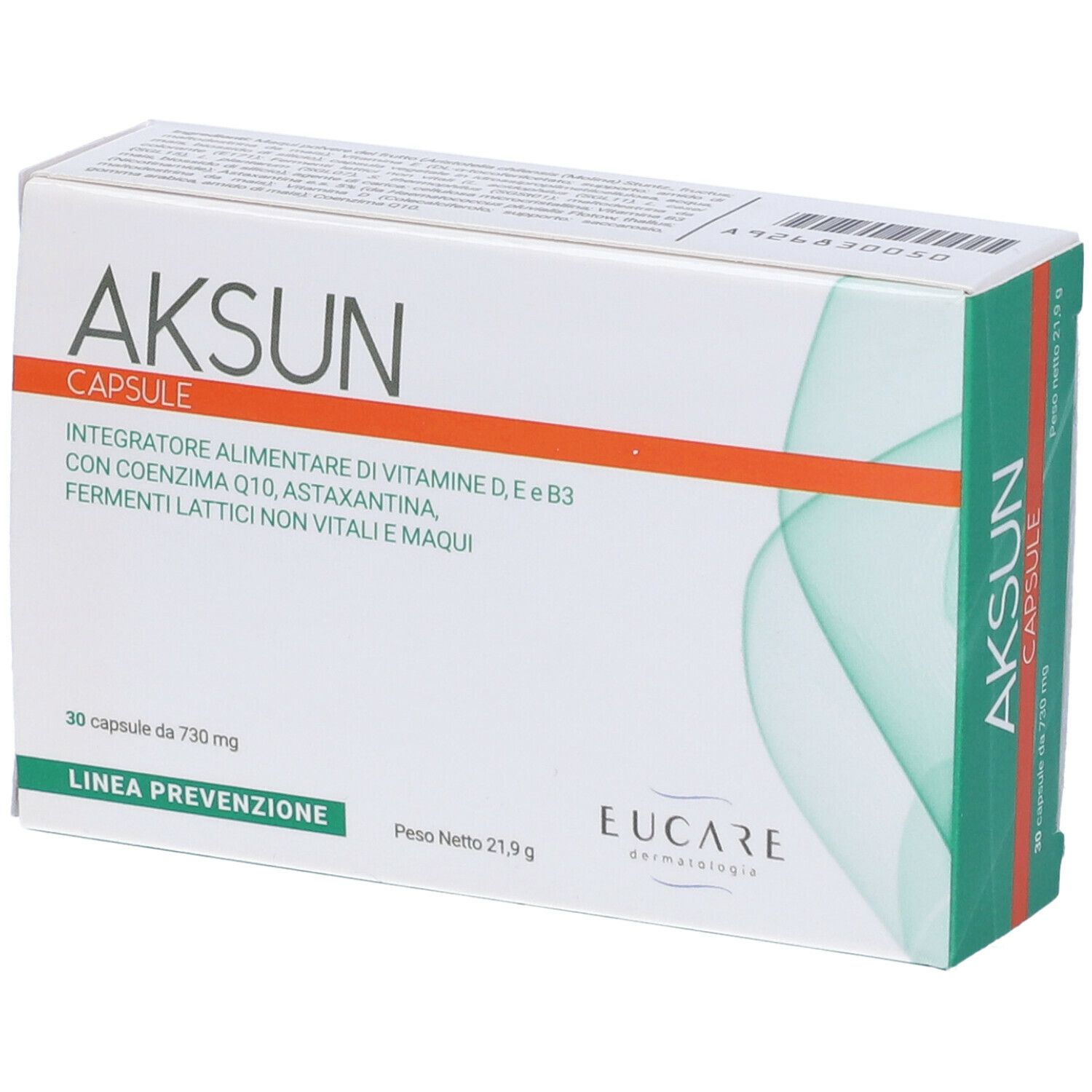 Schachtel "AKSUN CAPSULE". 30 Kapseln, 730 mg. EUCARE. Inhaltsstoffe: Vitamine, Coenzym Q10, Astaxanthin.