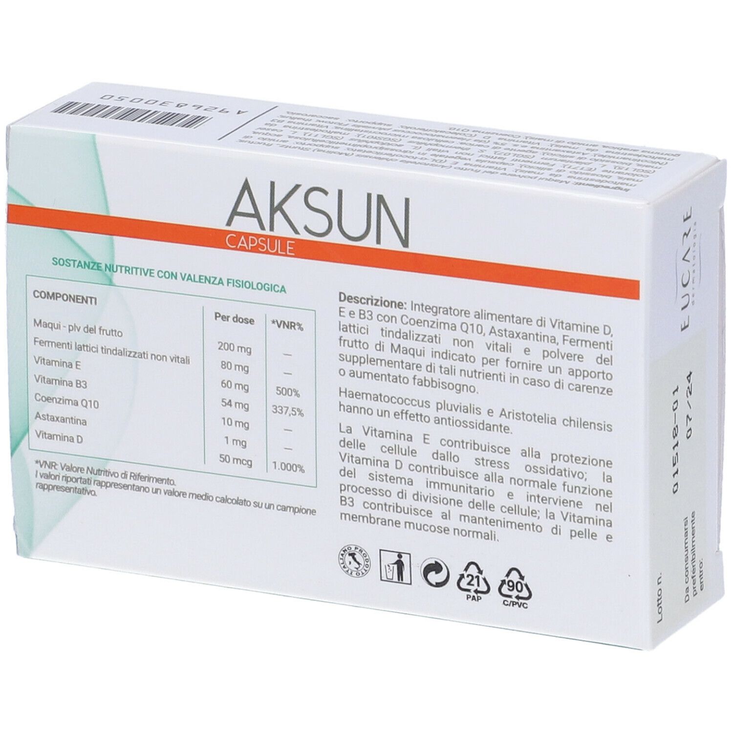Rückseite der Schachtel "AKSUN CAPSULE". Inhaltsstoffe und Nährwertangaben. EUCARE.