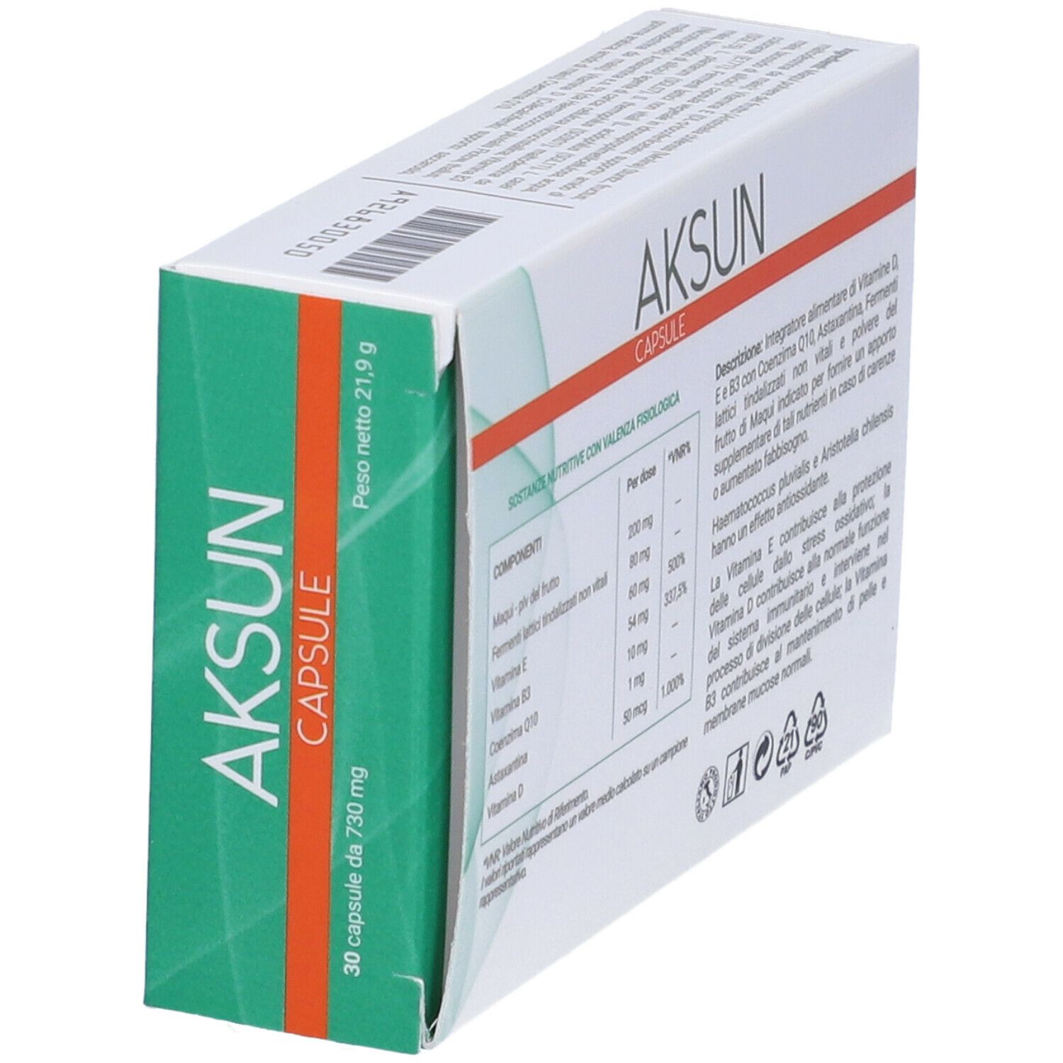 Schachtel "AKSUN CAPSULE". 30 Kapseln, 730 mg. EUCARE. Inhaltsstoffe und Nährwertangaben.