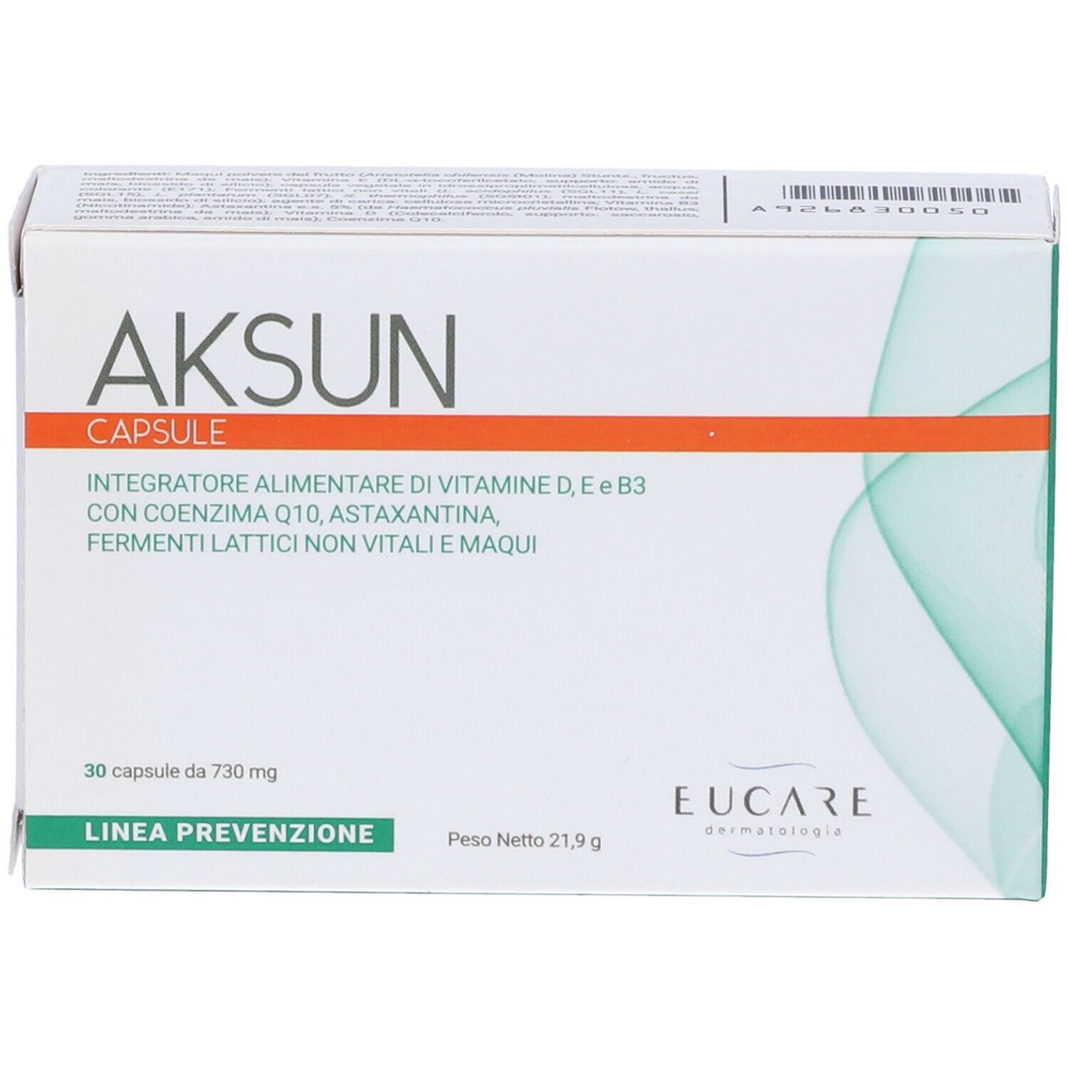 Schachtel "AKSUN CAPSULE". 30 Kapseln, 730 mg. EUCARE. Inhaltsstoffe: Vitamine, Coenzym Q10, Astaxanthin.