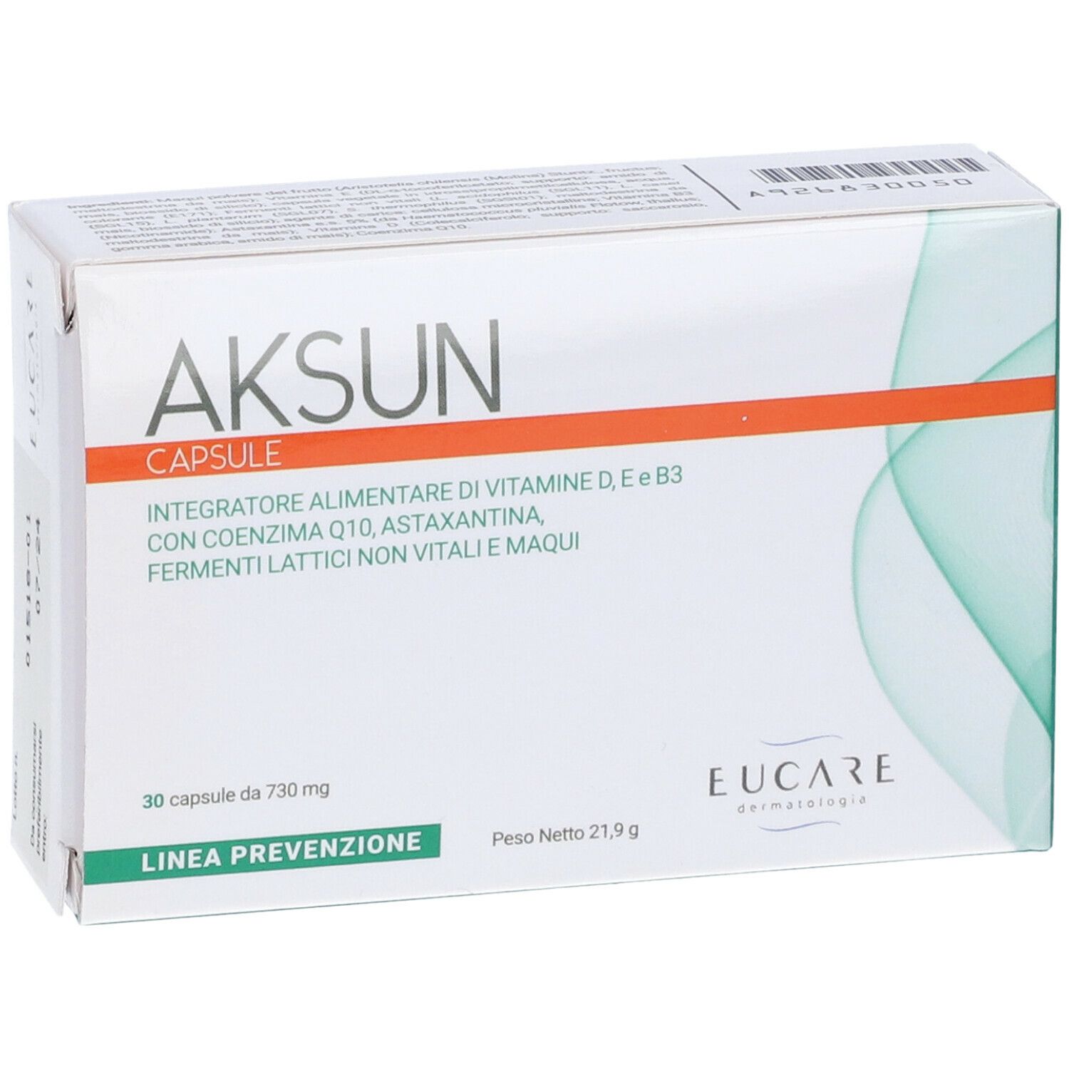 Schachtel "AKSUN CAPSULE". 30 Kapseln, 730 mg. EUCARE. Inhaltsstoffe: Vitamine, Coenzym Q10, Astaxanthin.