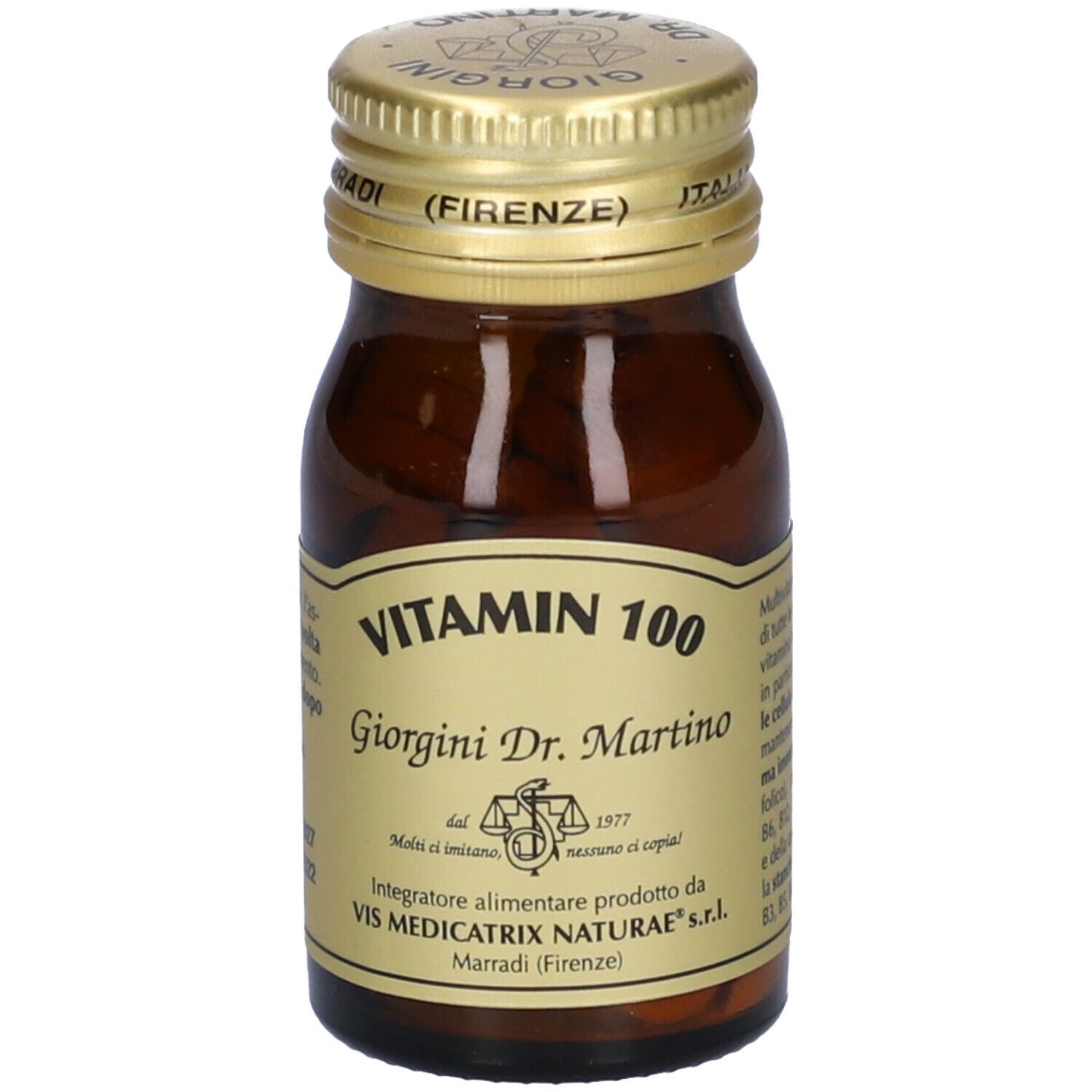 Braune Glasflasche mit goldfarbenem Deckel. Auf dem Etikett steht "Vitamin 100" und "Giorgini Dr. Martino".