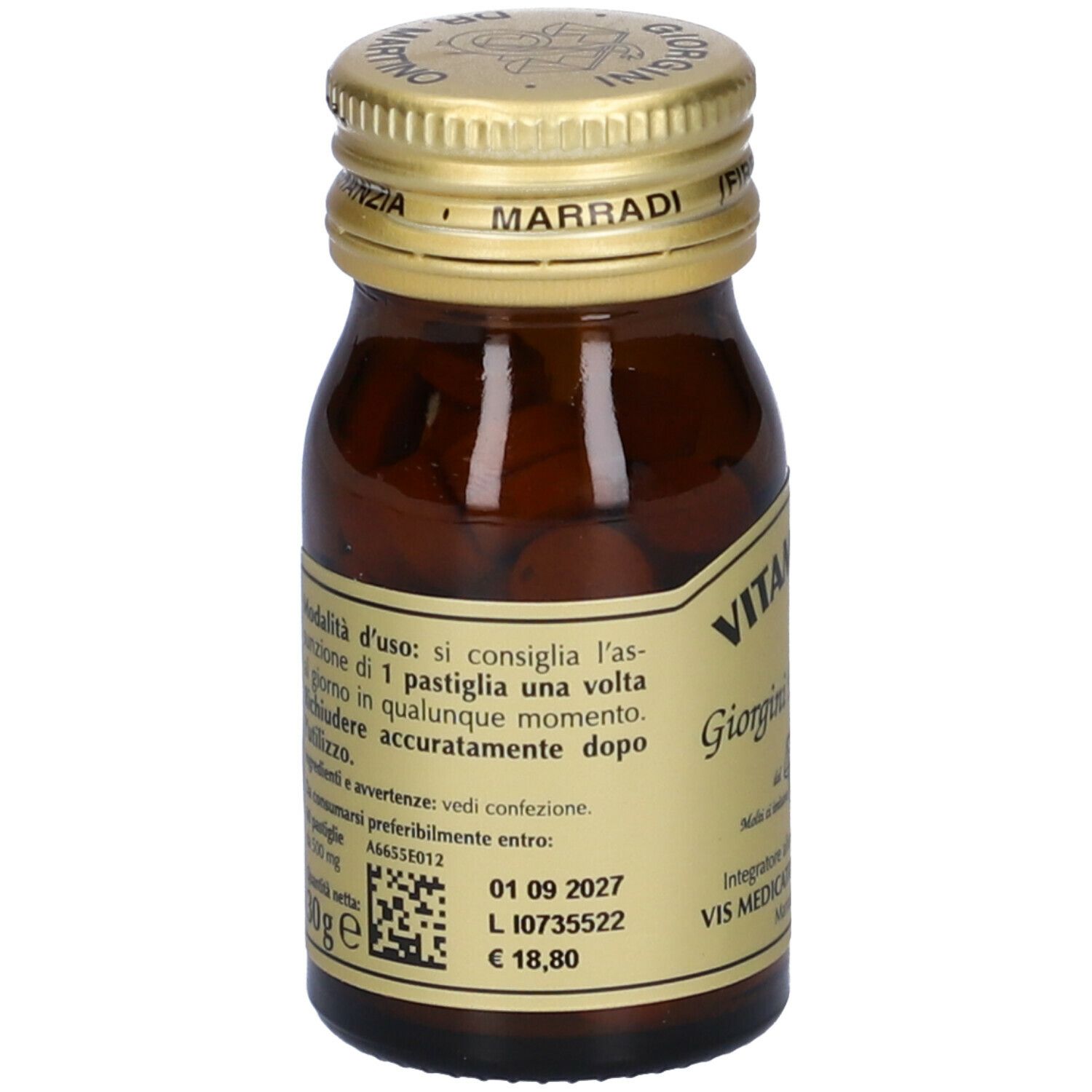 Braune Glasflasche mit goldfarbenem Deckel. Auf dem Etikett steht "Vitamin 100" und "Giorgini Dr. Martino".