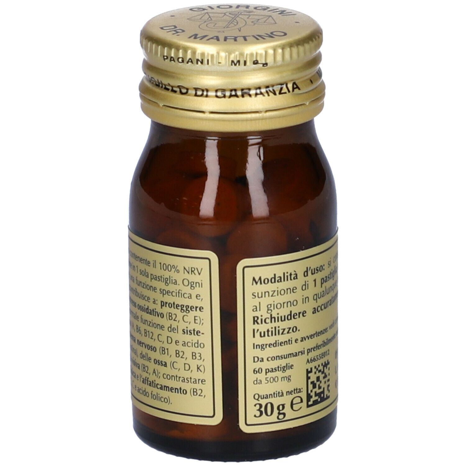 Braune Glasflasche mit goldfarbenem Deckel. Auf dem Etikett steht "Vitamin 100" und "Giorgini Dr. Martino".