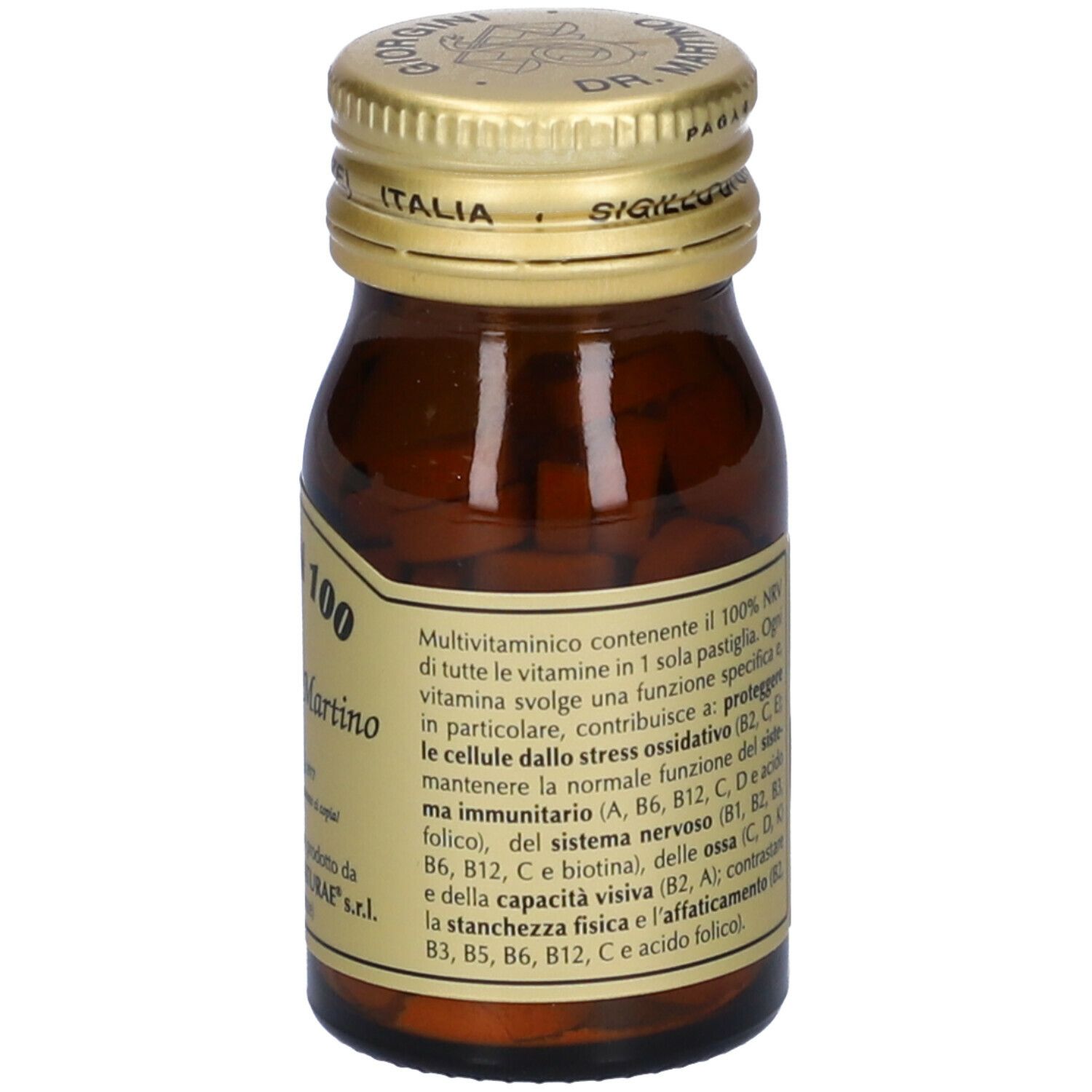 Braune Glasflasche mit goldfarbenem Deckel. Auf dem Etikett steht "Vitamin 100" und "Giorgini Dr. Martino".