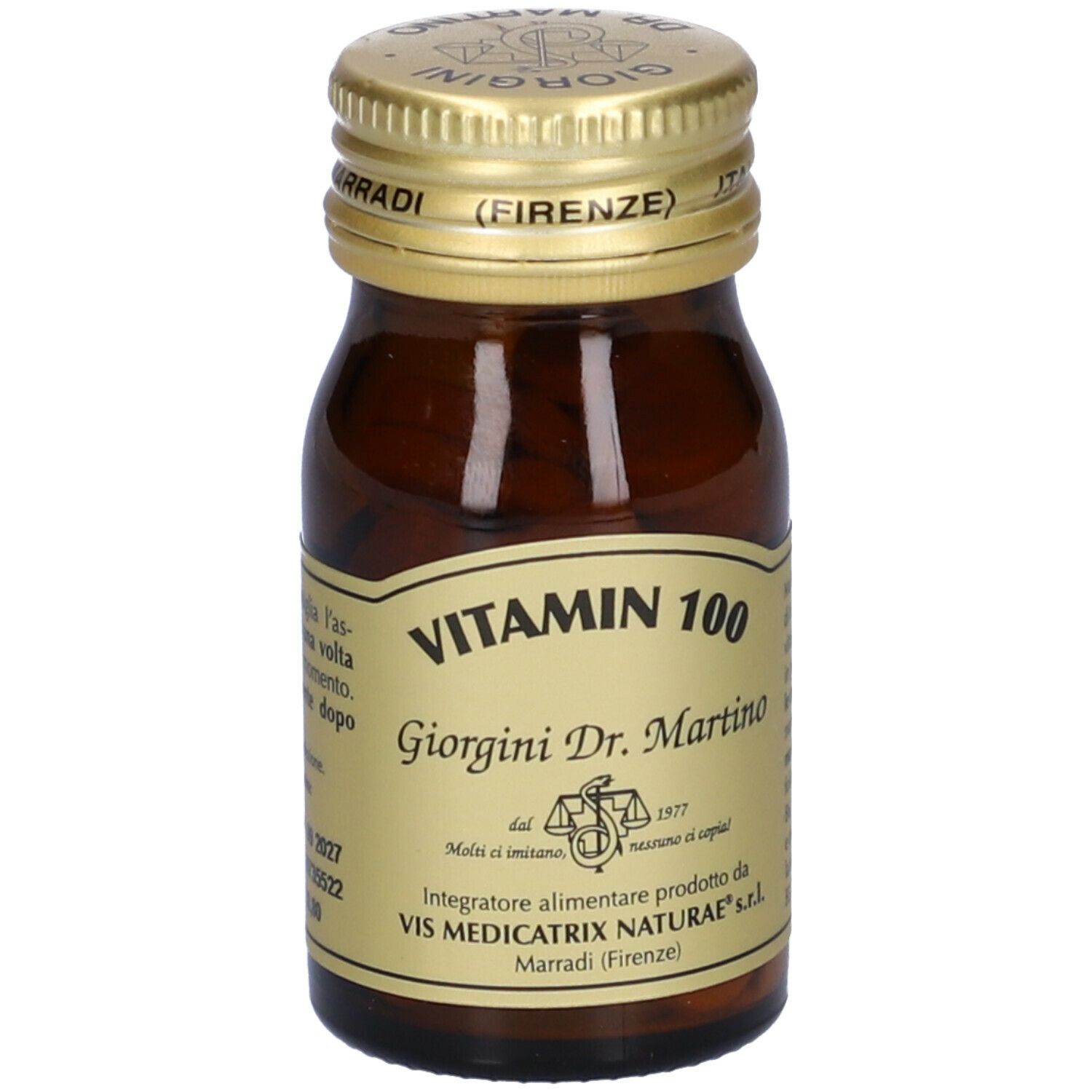 Braune Glasflasche mit goldfarbenem Deckel. Auf dem Etikett steht "Vitamin 100" und "Giorgini Dr. Martino".