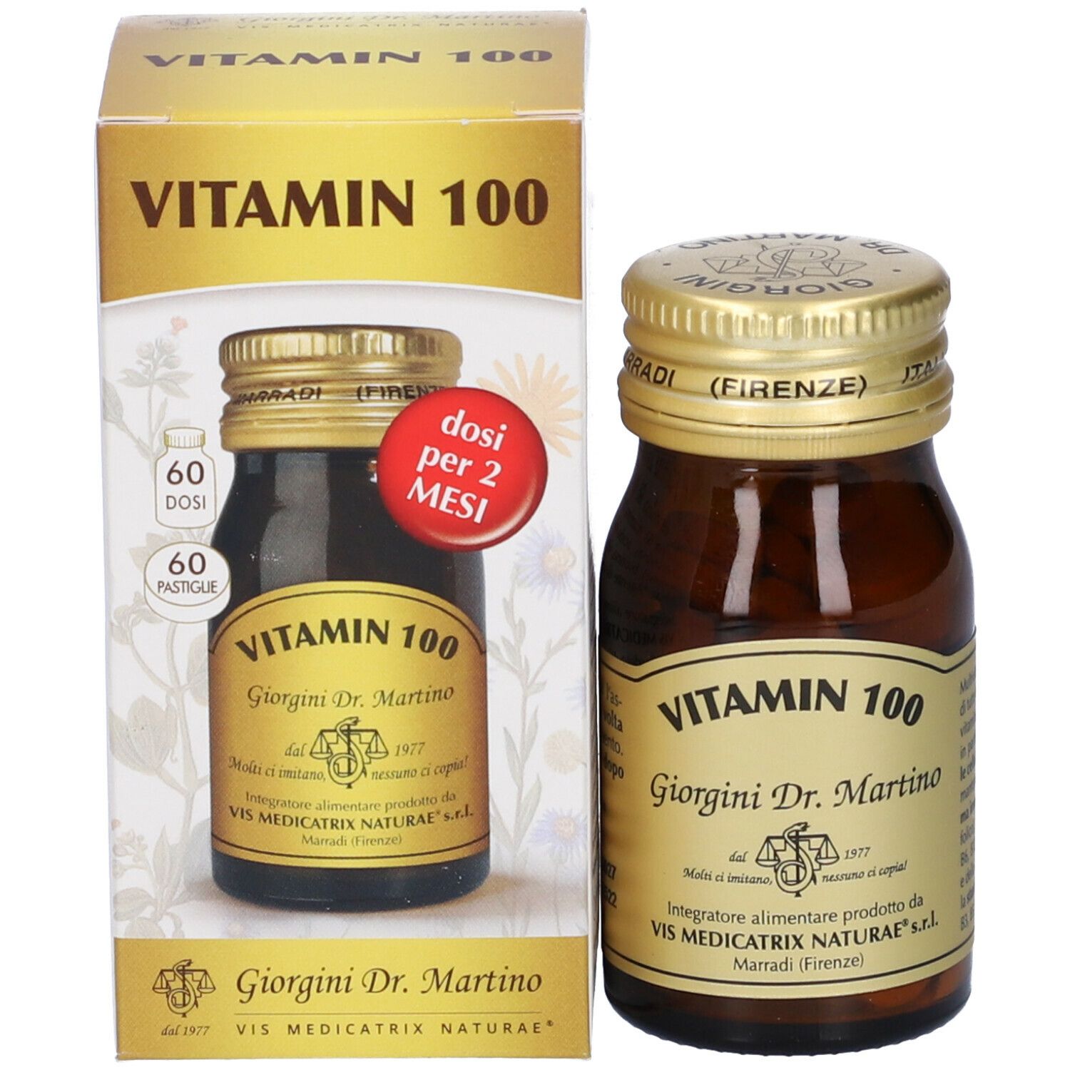 Braune Glasflasche mit goldfarbenem Deckel. Auf dem Etikett steht "Vitamin 100" und "Giorgini Dr. Martino".