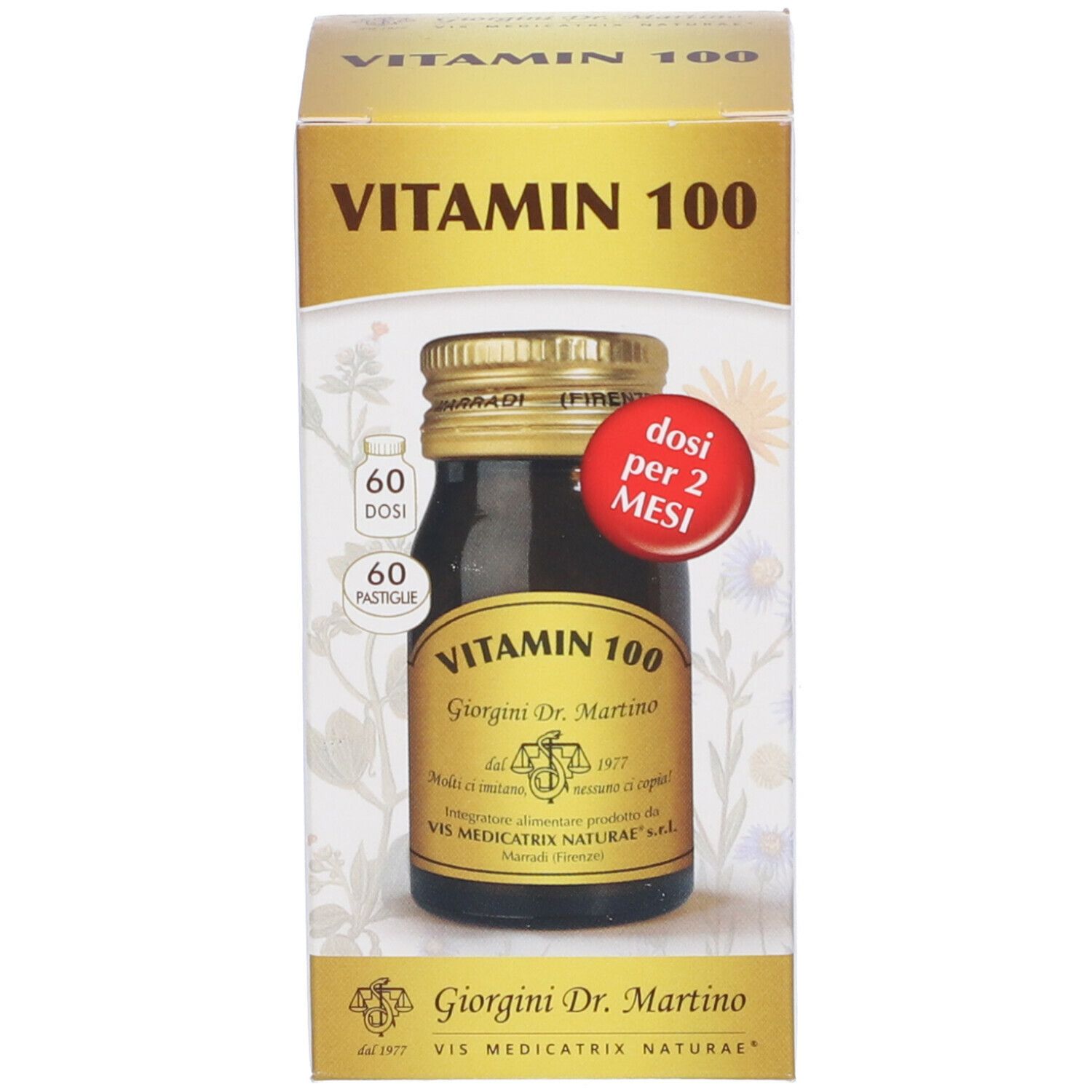 Braune Glasflasche mit goldfarbenem Deckel. Auf dem Etikett steht "Vitamin 100" und "Giorgini Dr. Martino". Daneben eine Verpackung.