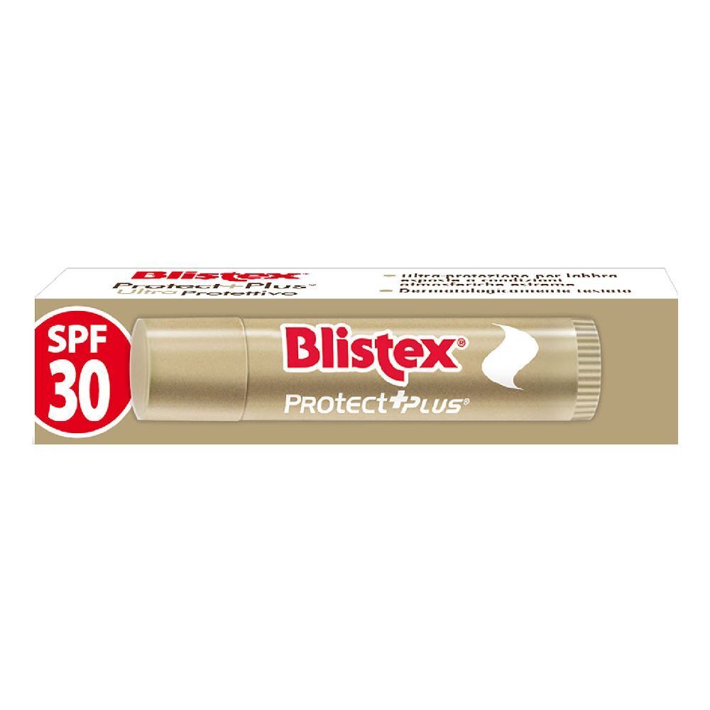 Blistex Protect+ Plus Lippenpflegestift mit SPF 30. Goldfarbene Hülle, weiße Schrift. In Verpackung.