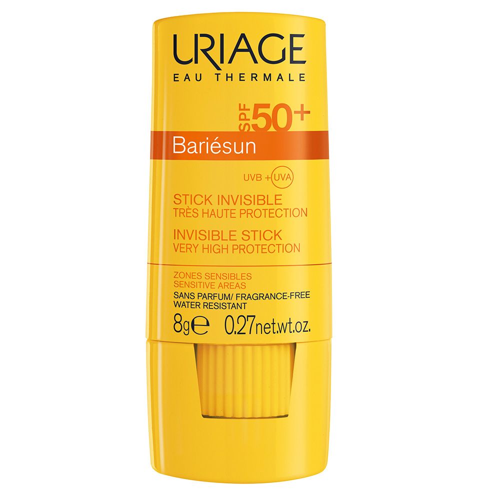 Gelber Uriage Bariésun Invisible Stick SPF50+. Text auf der Verpackung: SPF50+, Invisible Stick, 8g, wasserfest.