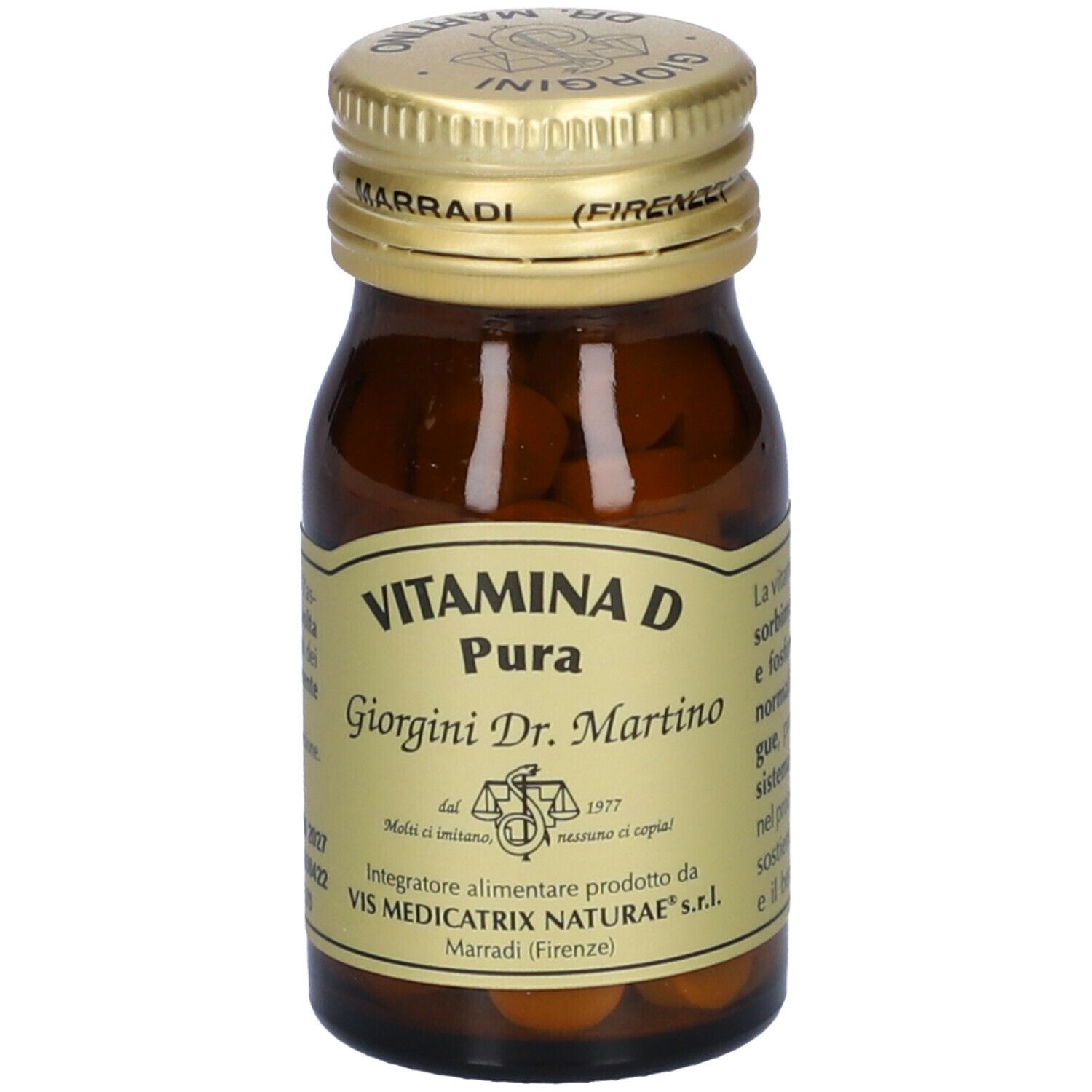 Flacon en verre brun avec bouchon doré. Étiquette avec texte: Vitamina D Pura, Giorgini Dr. Martino. Contient des comprimés.