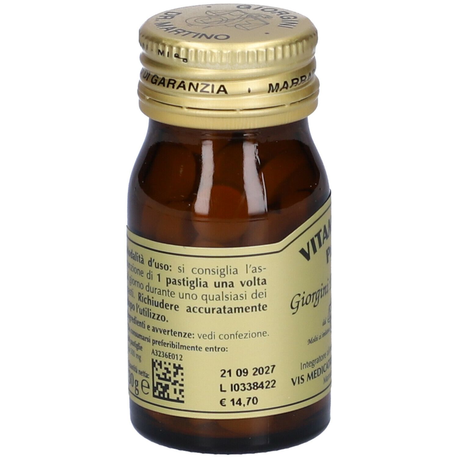 Flacon en verre brun avec bouchon doré. Étiquette avec texte et code QR. Contient des comprimés. Imprimé: 21 09 2027, € 14,70.