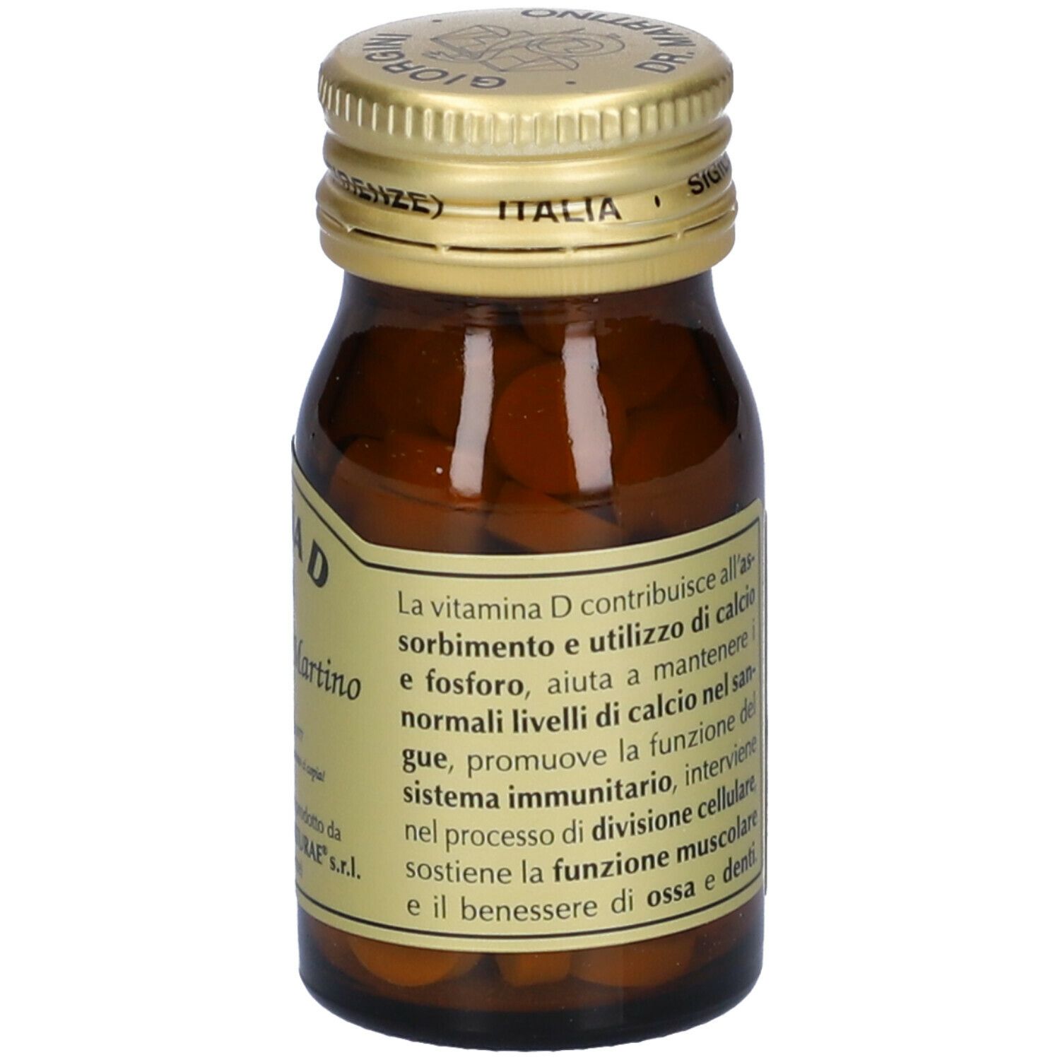 Flacon en verre brun avec bouchon doré. Étiquette avec texte. Contient des comprimés. Texte: La vitamina D contribuisce all'assorbimento.