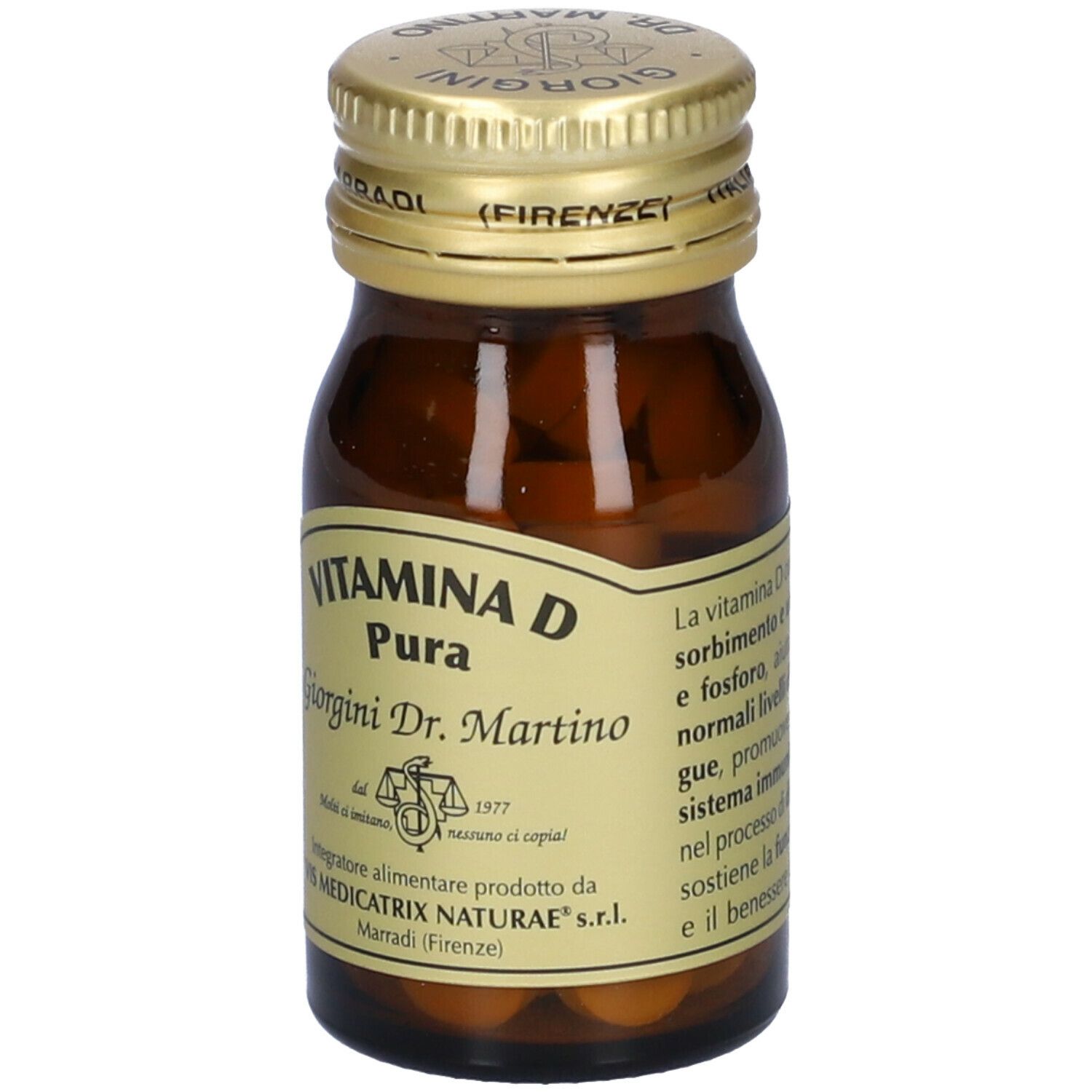 Flacon en verre brun avec bouchon doré. Étiquette avec texte: Vitamina D Pura, Giorgini Dr. Martino. Contient des comprimés.
