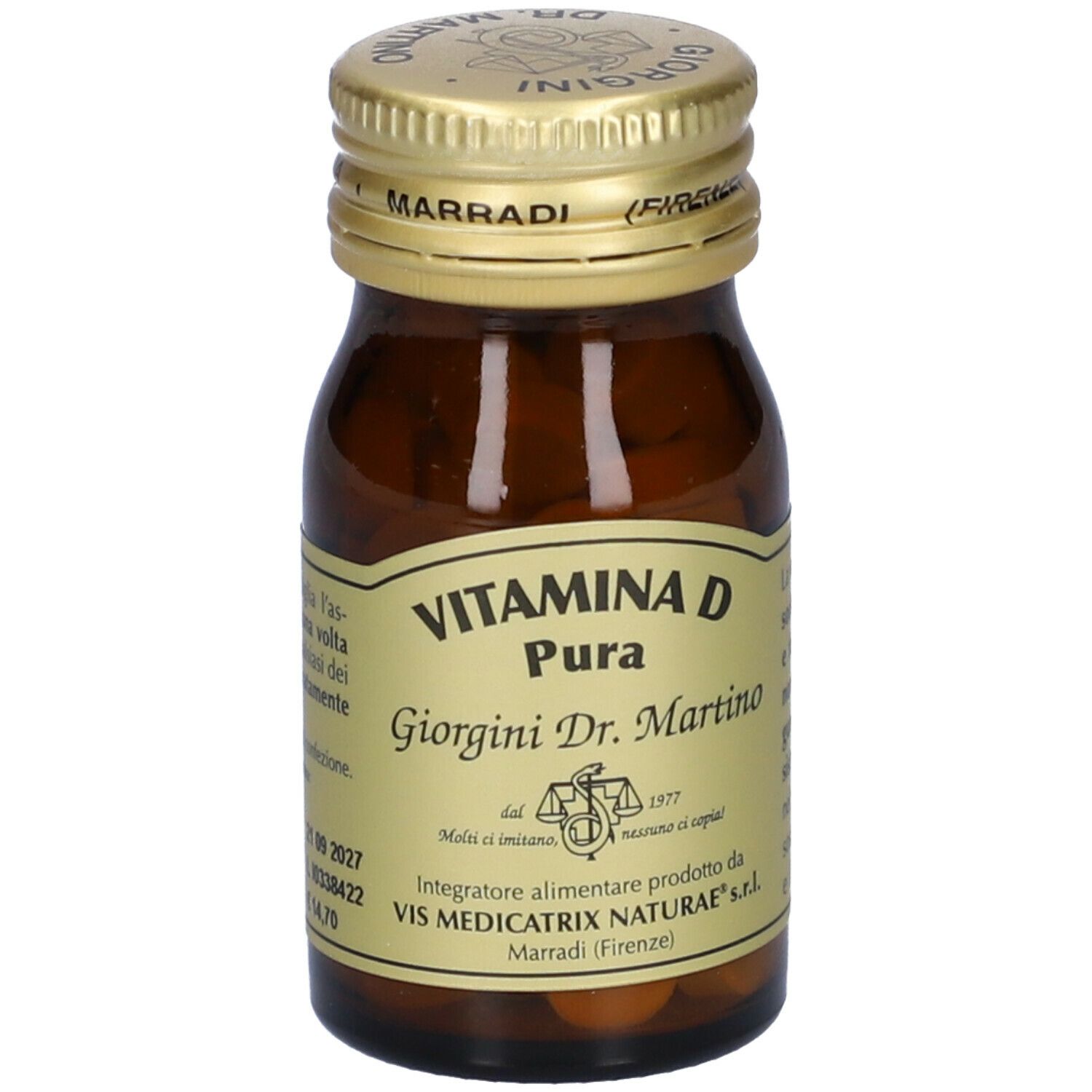 Flacon en verre brun avec bouchon doré. Étiquette avec texte: Vitamina D Pura, Giorgini Dr. Martino. Contient des comprimés.