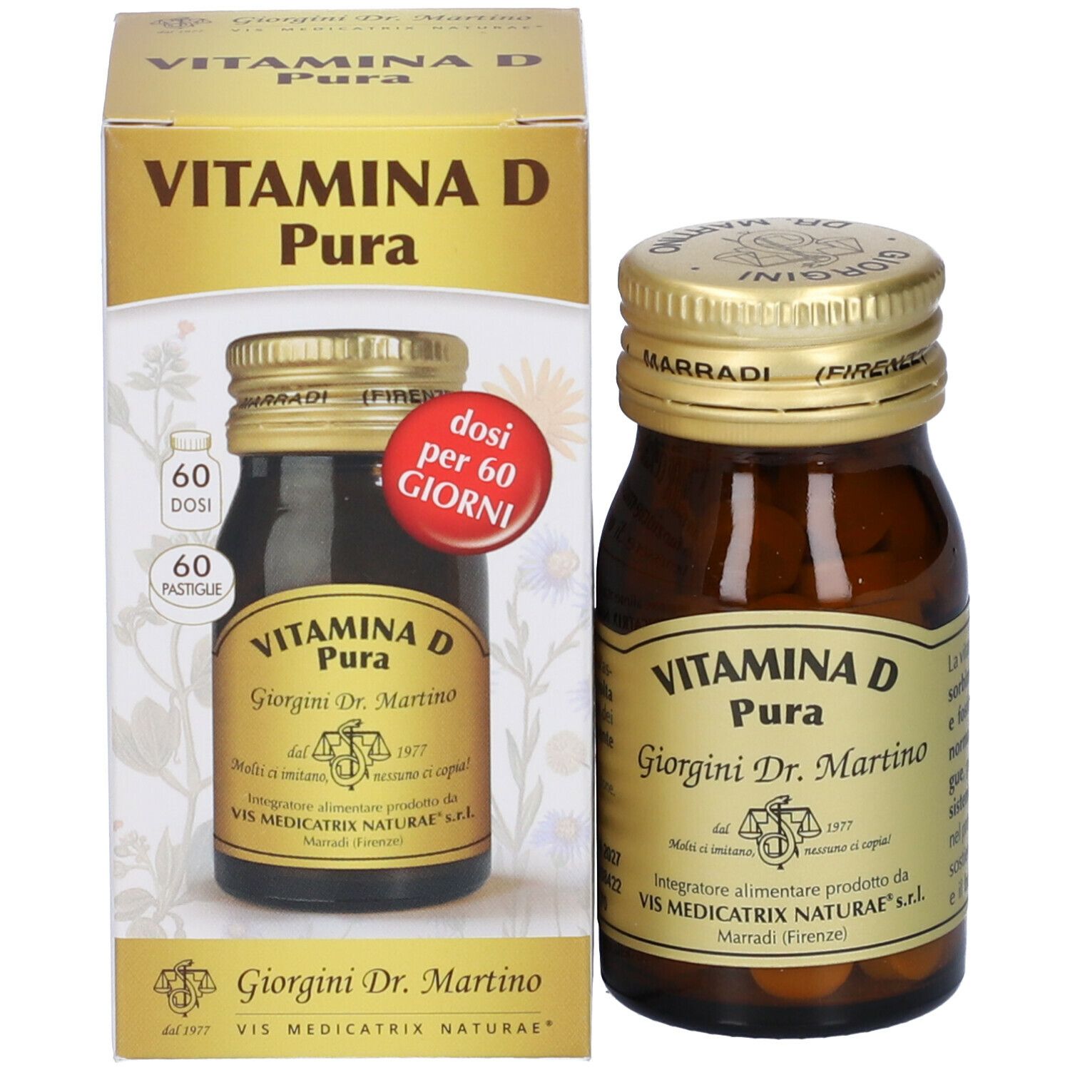 Emballage du produit avec flacon et boîte. Flacon: verre brun, bouchon doré, étiquette. Boîte: blanche, texte: Vitamina D Pura.